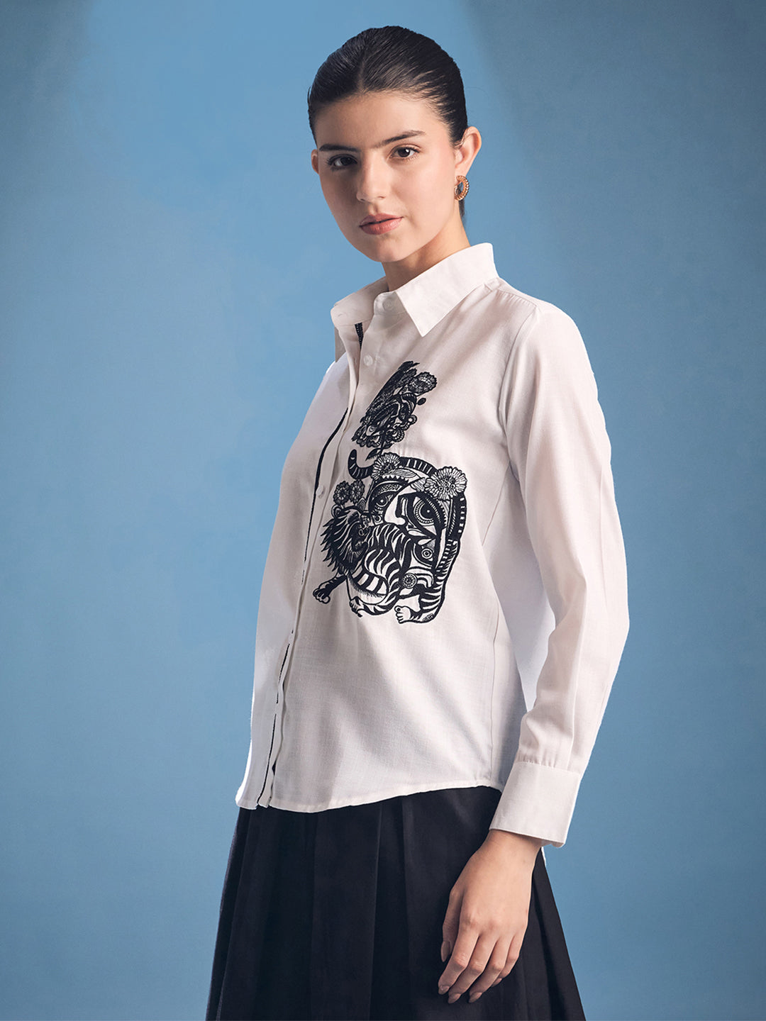 Embroidered Contrast Lace Detailing Linen Shirt - Uptownie