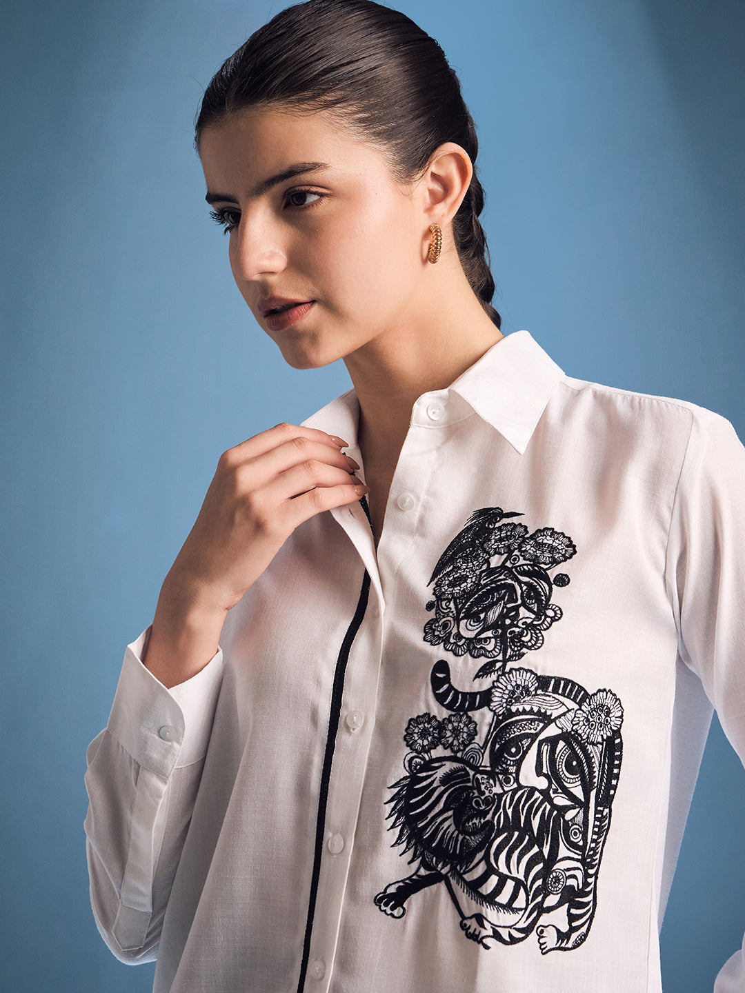Embroidered Contrast Lace Detailing Linen Shirt - Uptownie