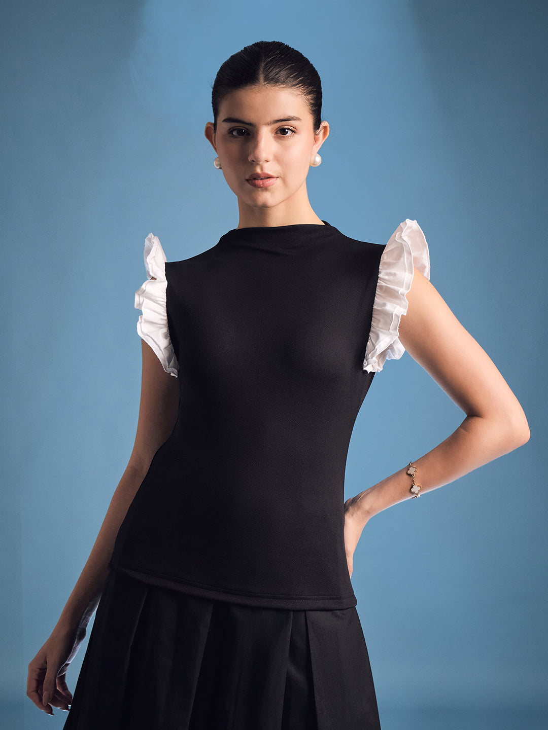 High Neck Top With Contrast Ruffle Sleeves - Uptownie