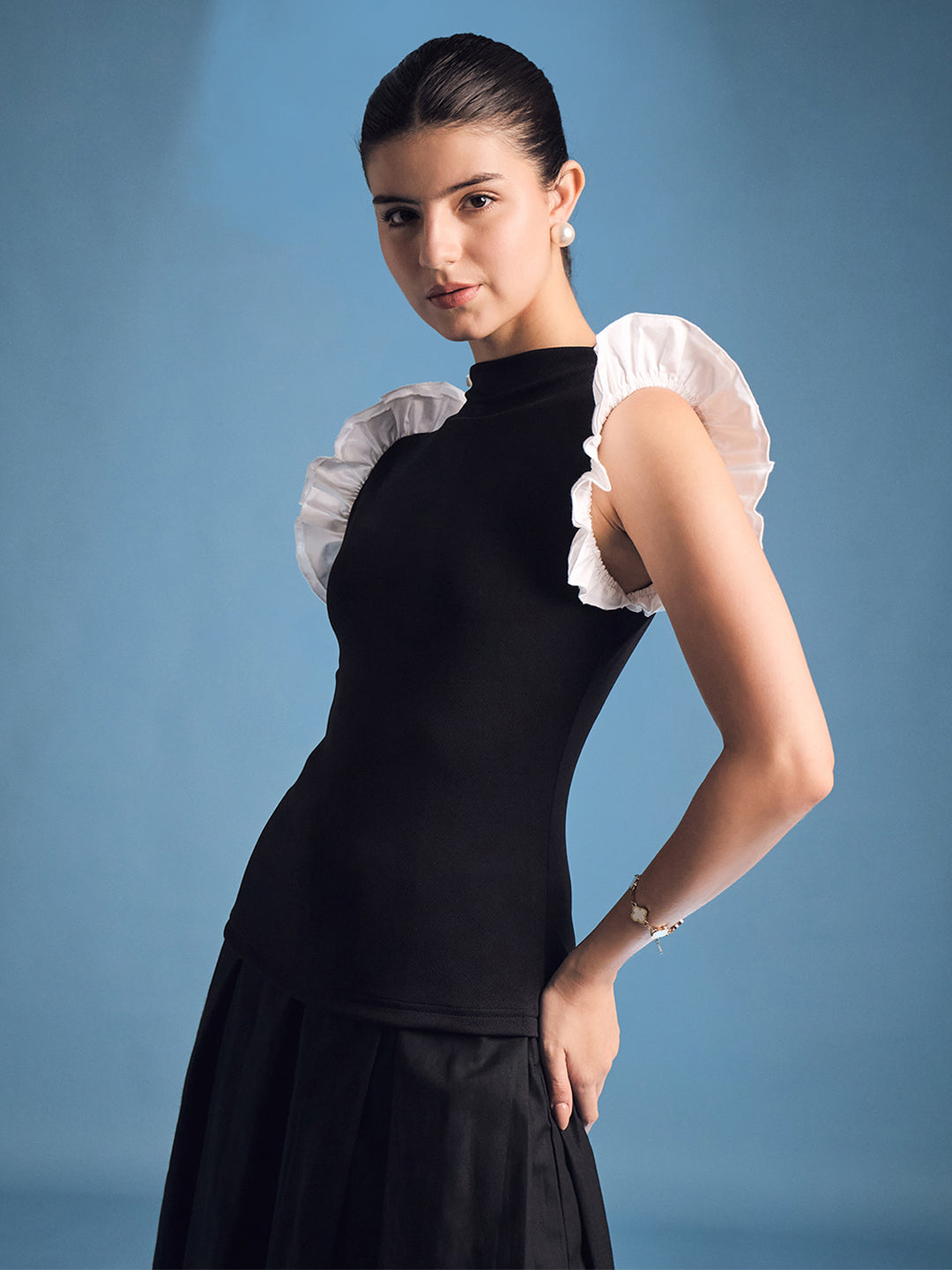 High Neck Top With Contrast Ruffle Sleeves - Uptownie