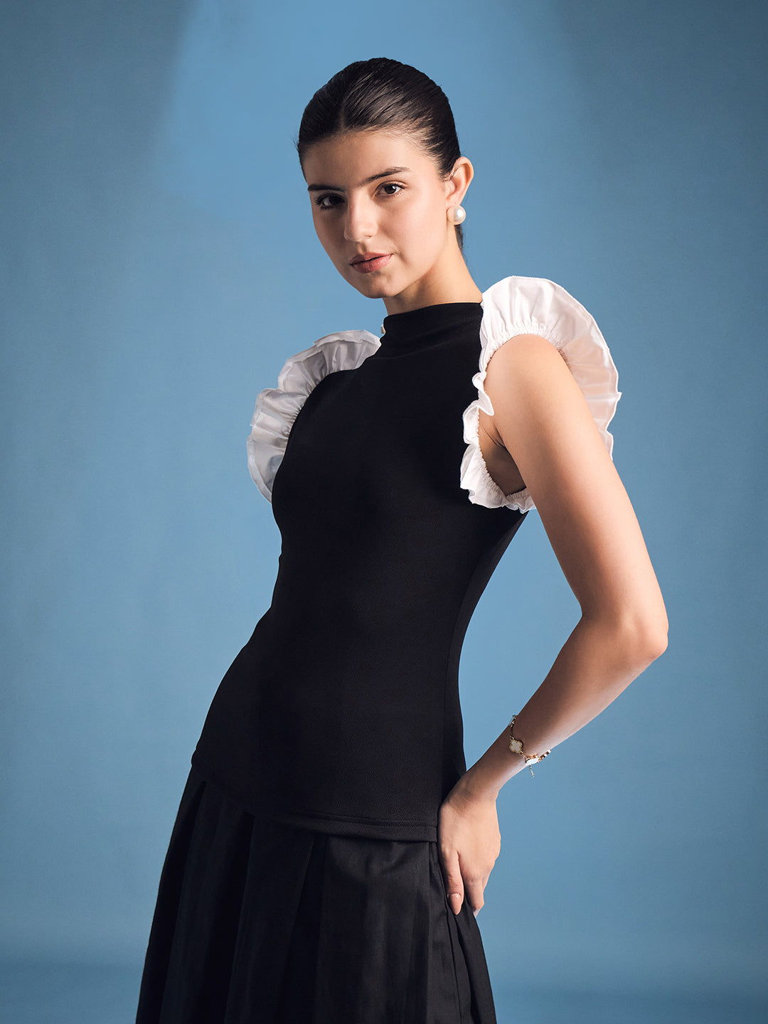 High Neck Top With Contrast Ruffle Sleeves - Uptownie