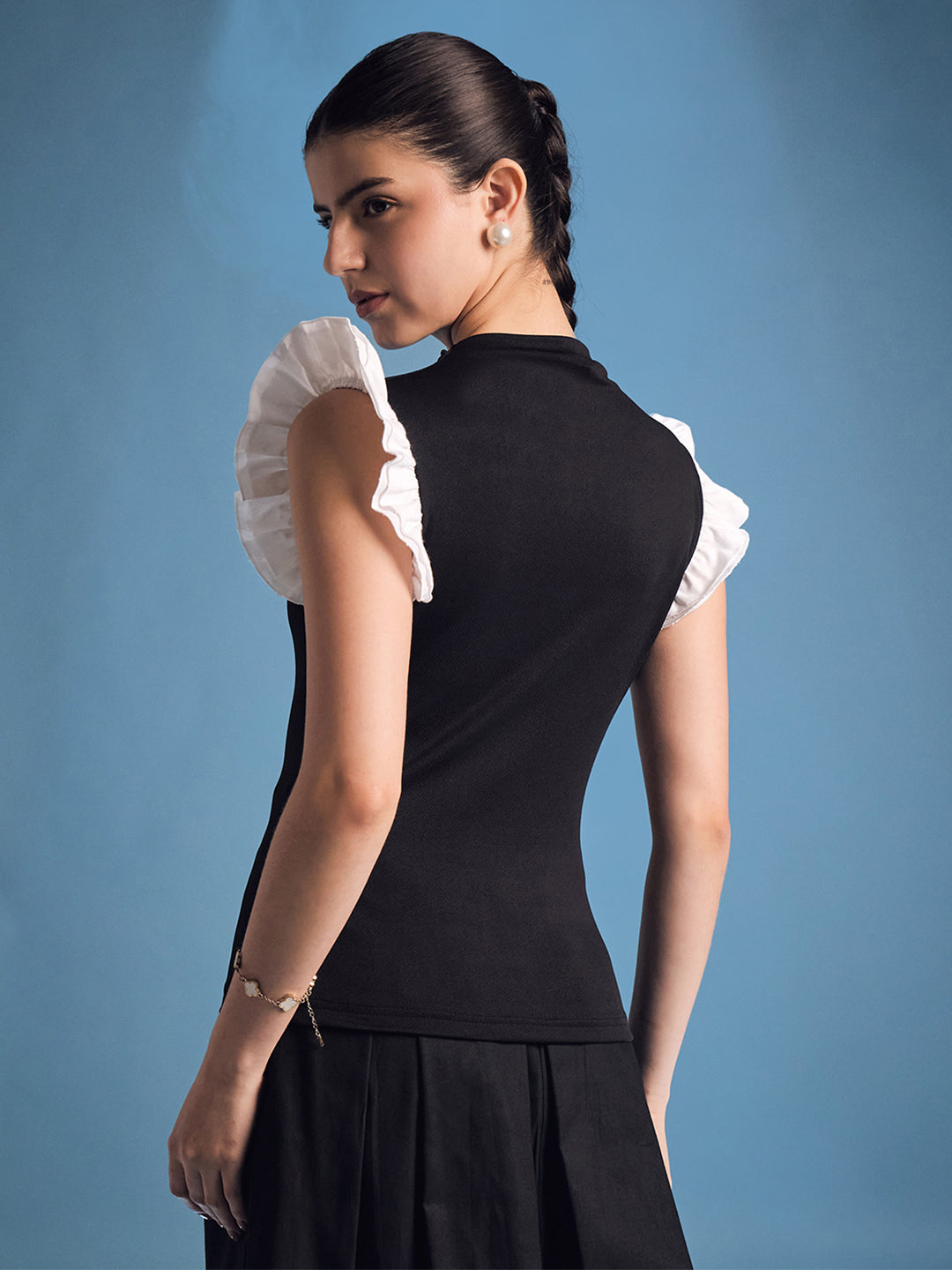 High Neck Top With Contrast Ruffle Sleeves - Uptownie