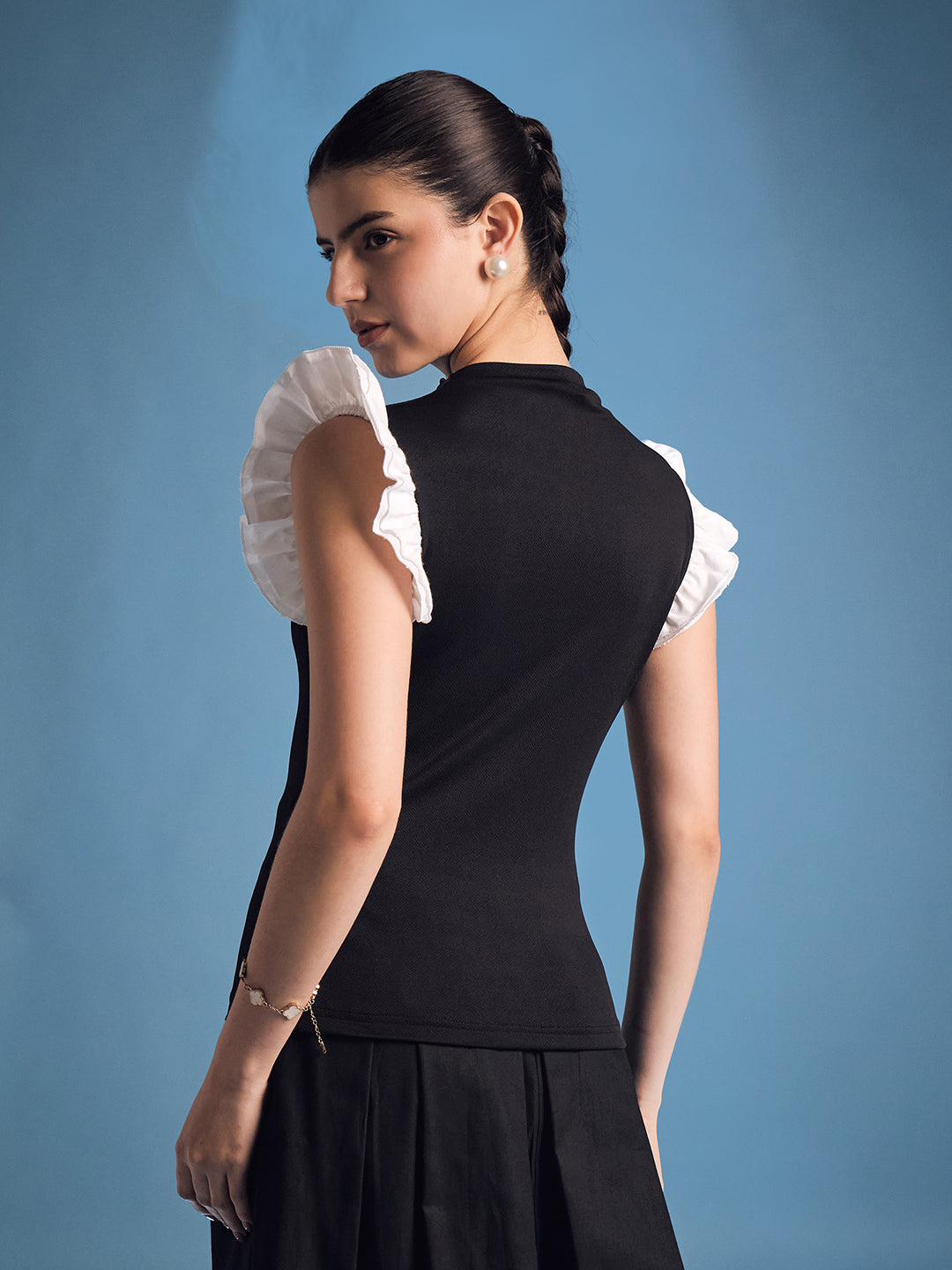 High Neck Top With Contrast Ruffle Sleeves - Uptownie