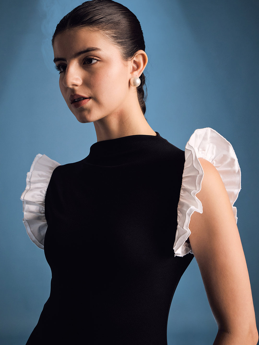 High Neck Top With Contrast Ruffle Sleeves - Uptownie