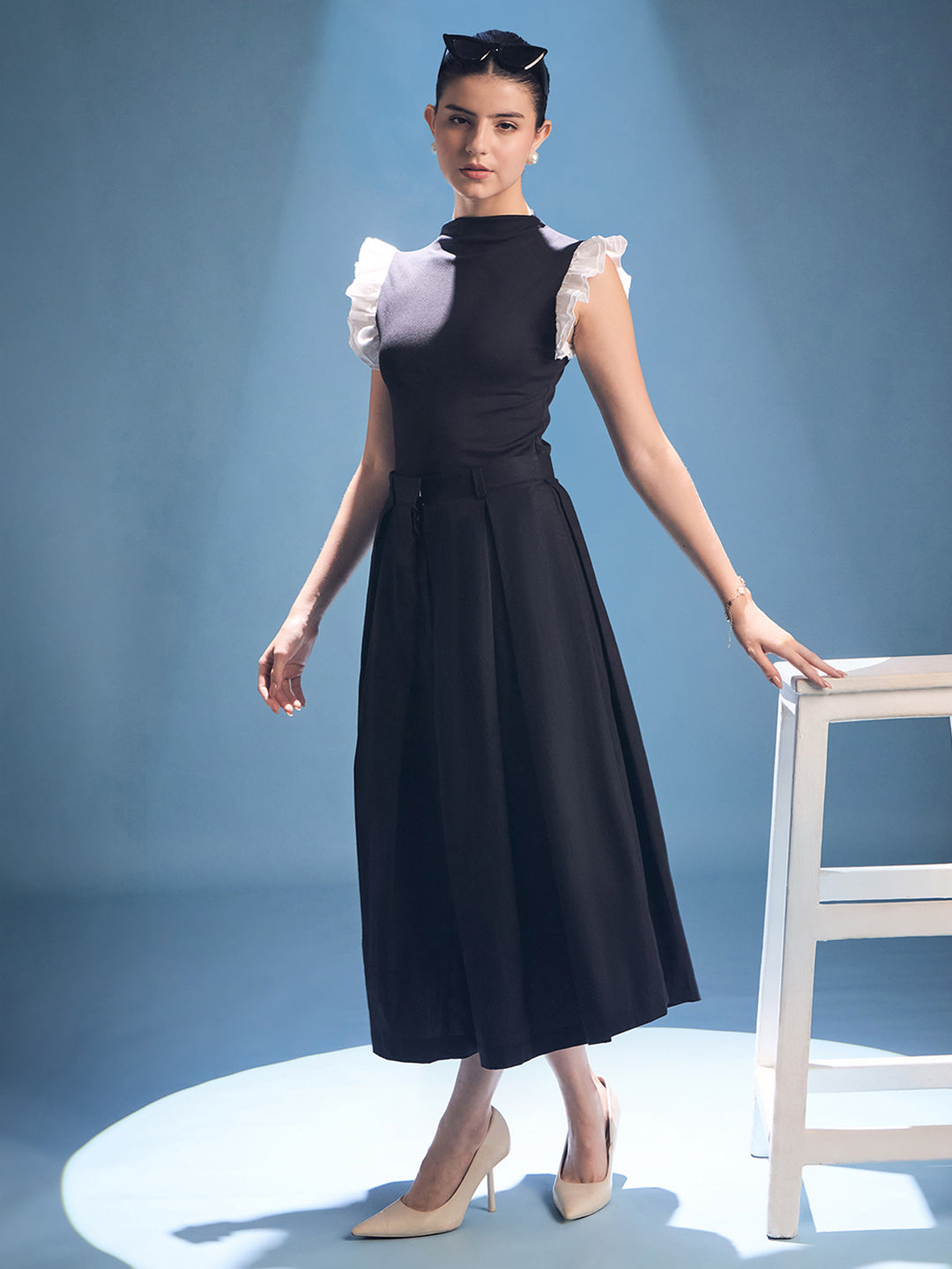 High Neck Top With Contrast Ruffle Sleeves - Uptownie