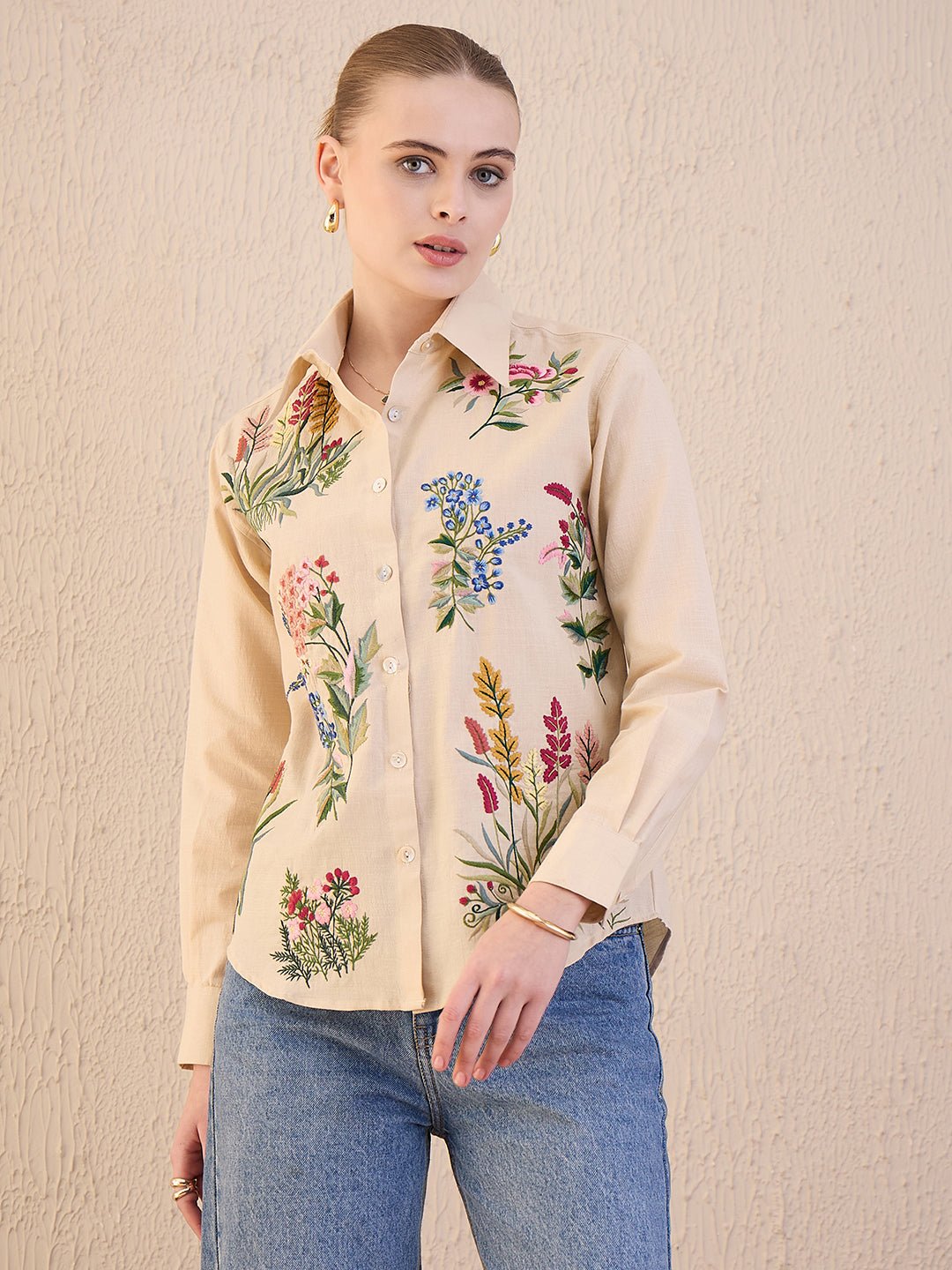 Floral Embroidered Cotton Shirt - Uptownie