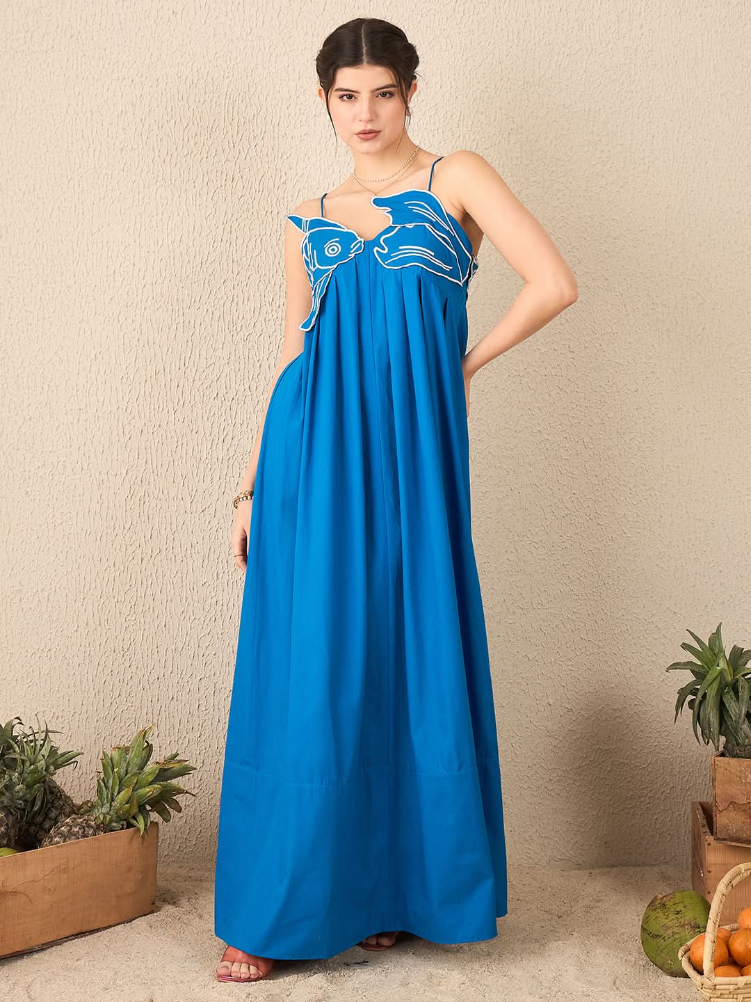 Fish Applique Cotton Maxi Dress - Uptownie