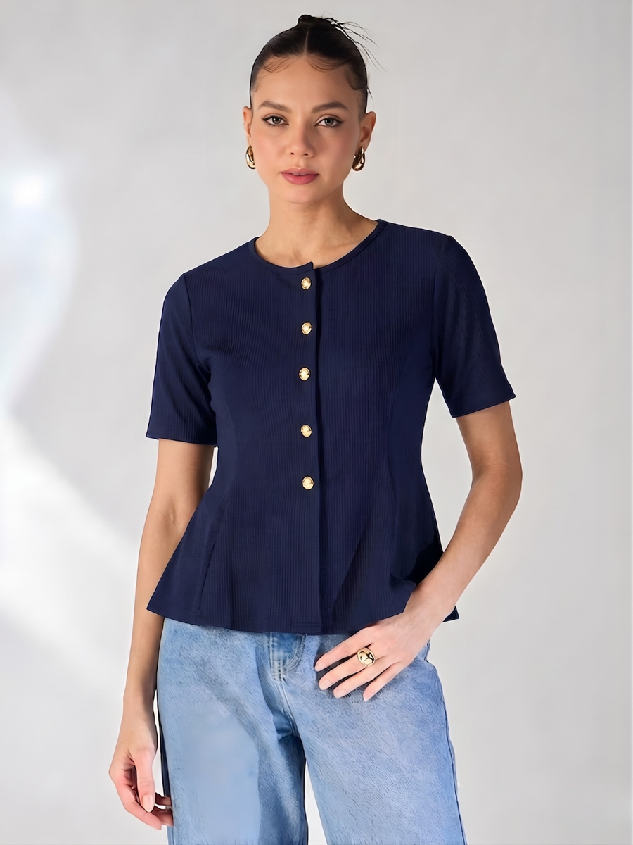 Stretchable Ribbed Flared Peplum Top