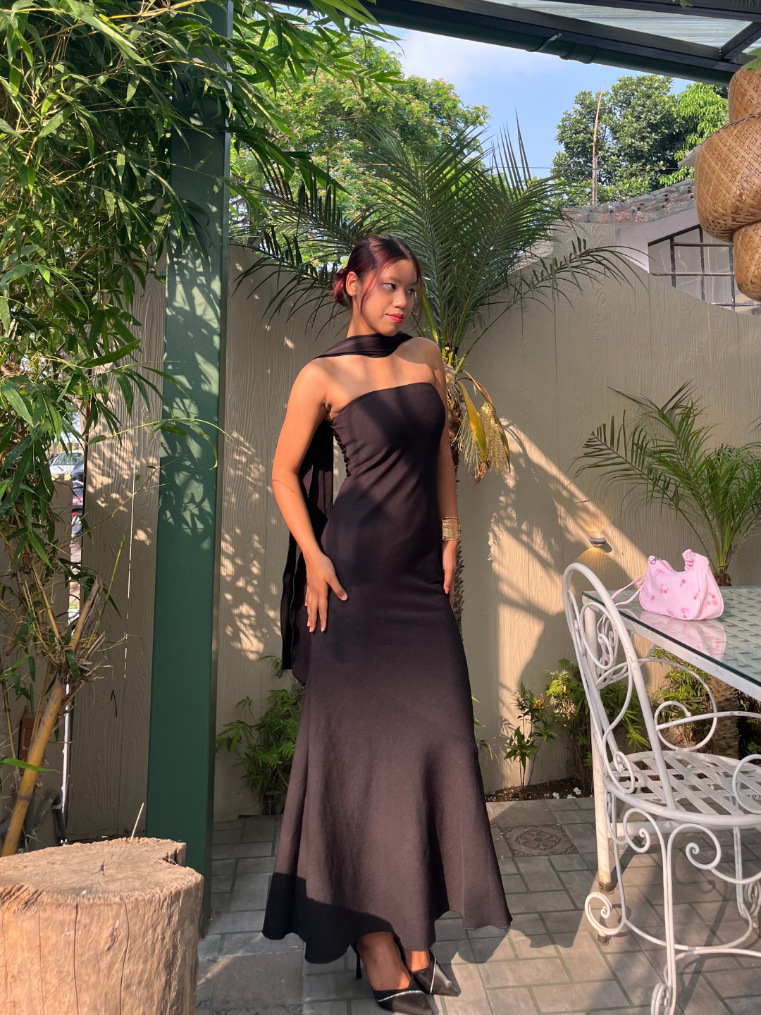 Stretchable Off Shoulder Maxi Dress With Scarf Extension