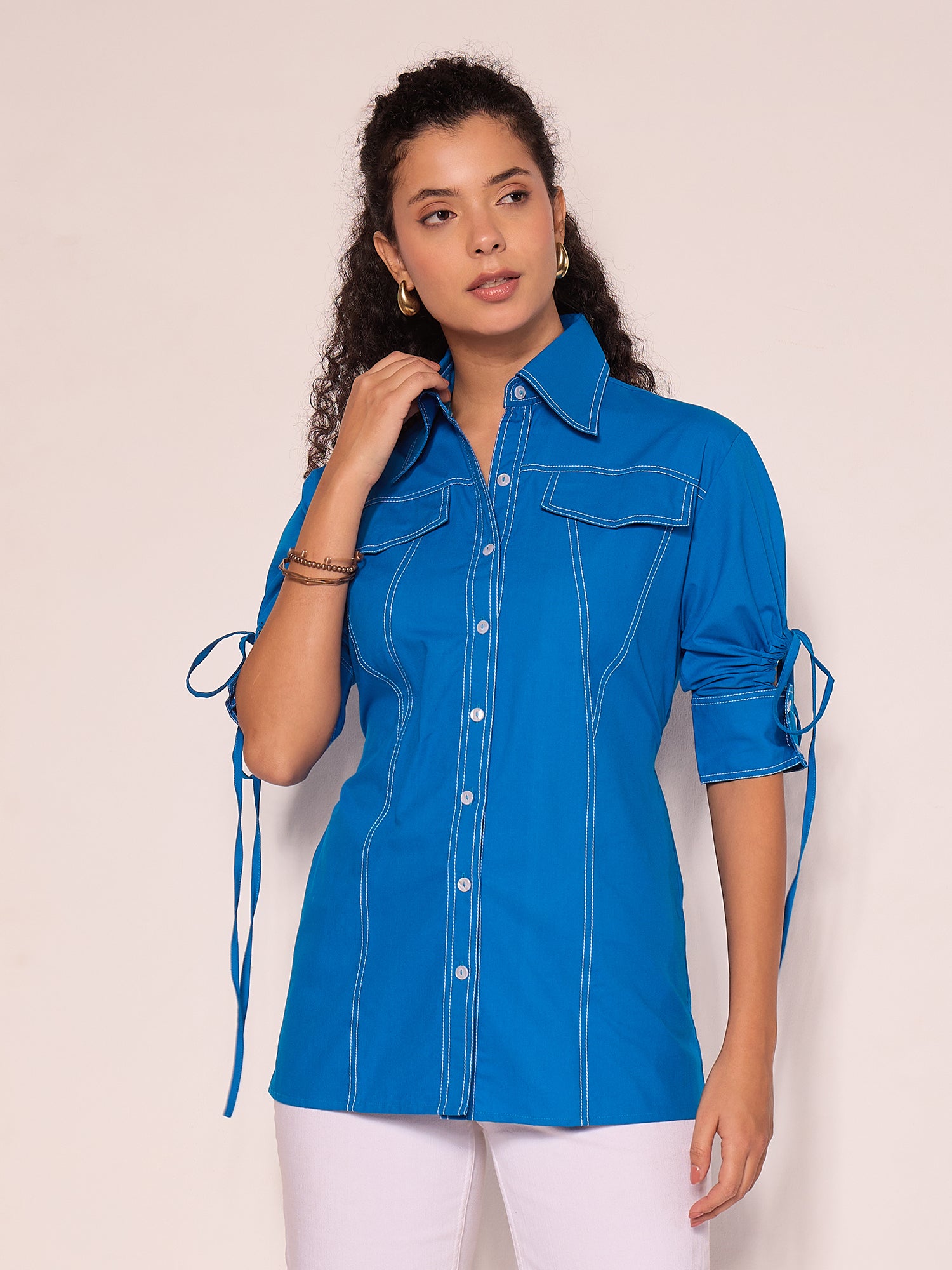 Panelled Cotton Shirt With Tie-Up Sleeves - Uptownie