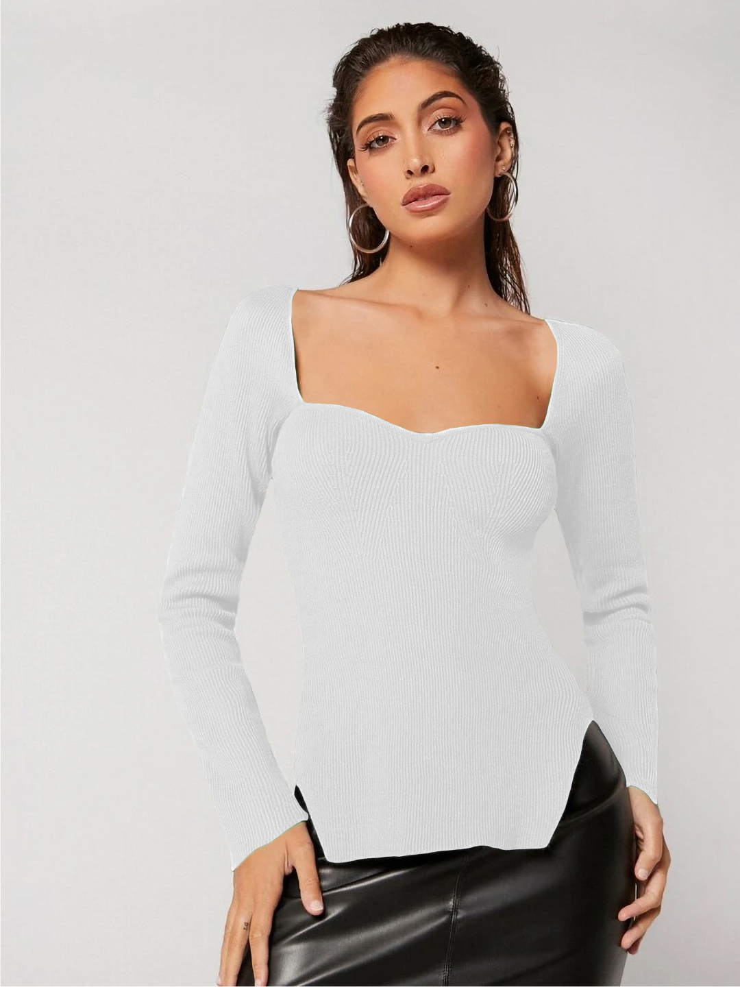 PUMIEY Long Sleeve Shirts for Women Sweetheart Neck, Going Out Tops Sexy  Basic Tee, Splashed White X-Small at  Women's Clothing store