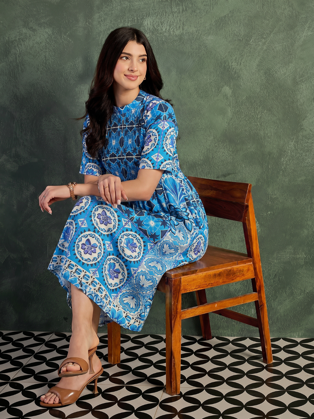 Pure Cotton Front Pleated A-Line Dress (with Lining)