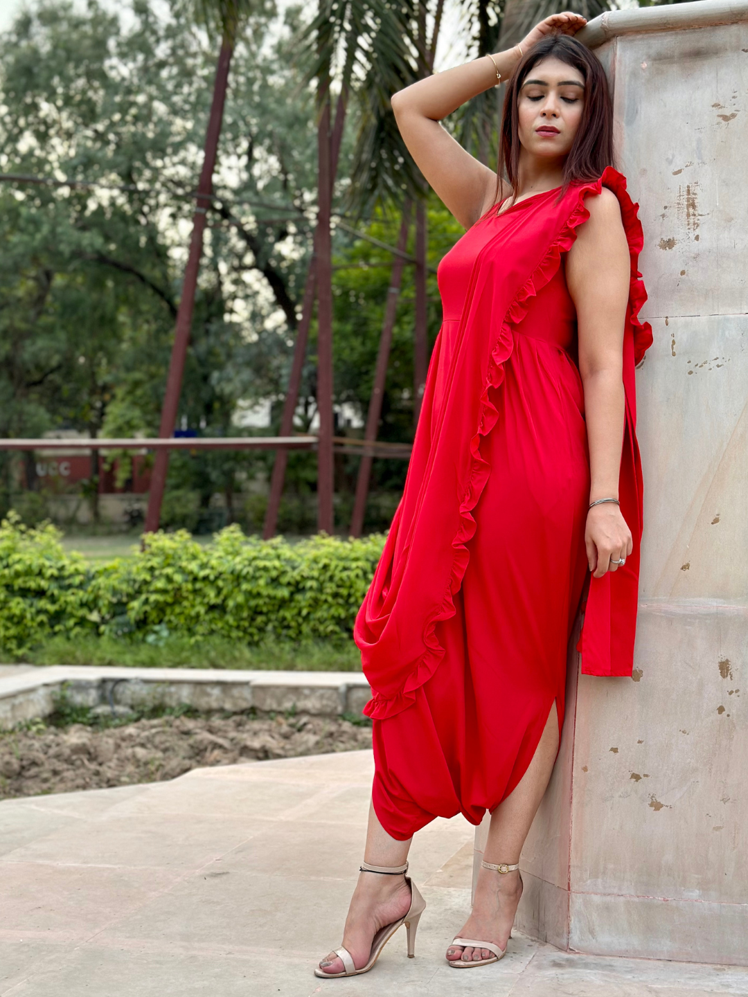 Plus Dhoti Jumpsuit with Attached Dupatta - Uptownie