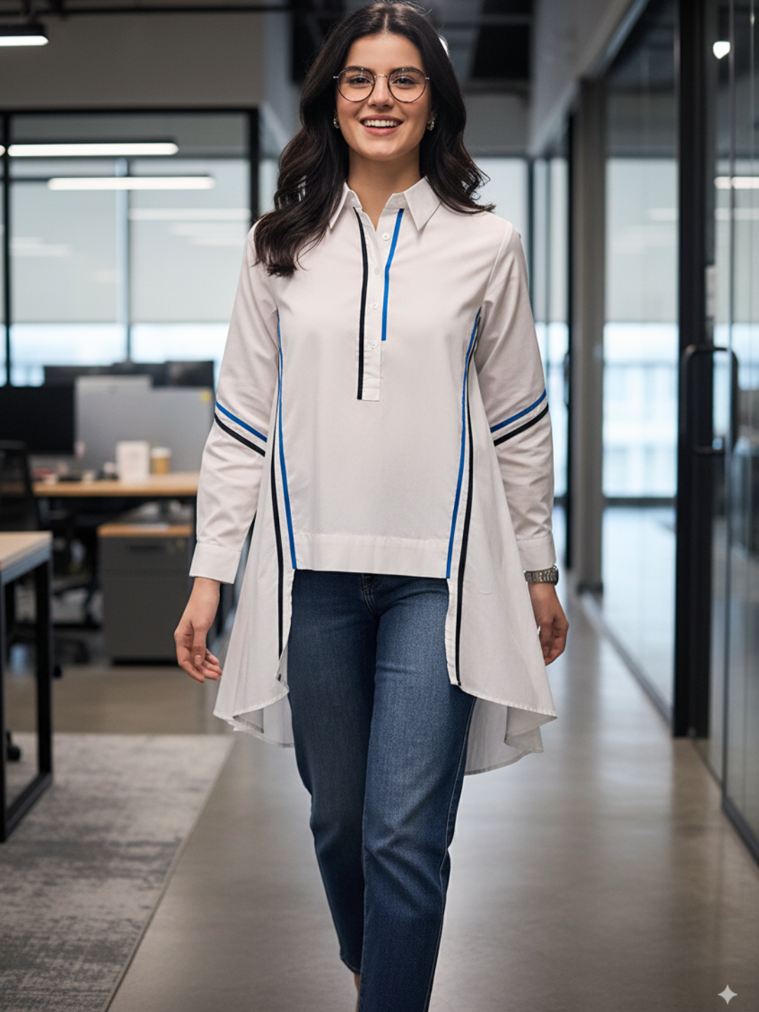 Cotton Asymmetric Shirt with Contrast Color Stripes - Uptownie