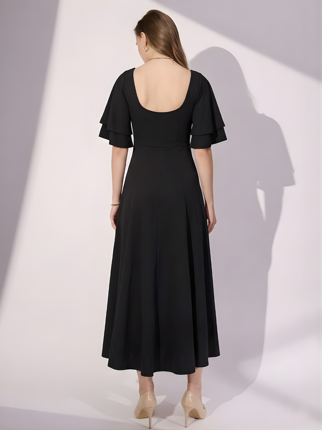 Stretchable Ruffled Sleeve Fit & Flare Dress