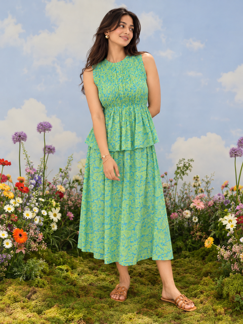Pure Cotton Pleated Top and Skirt Set (with Lining)
