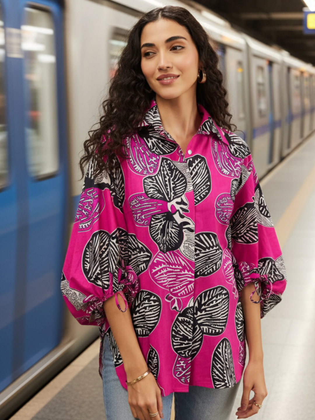 Printed Cotton Shirt with Tie Up Sleeves - Uptownie