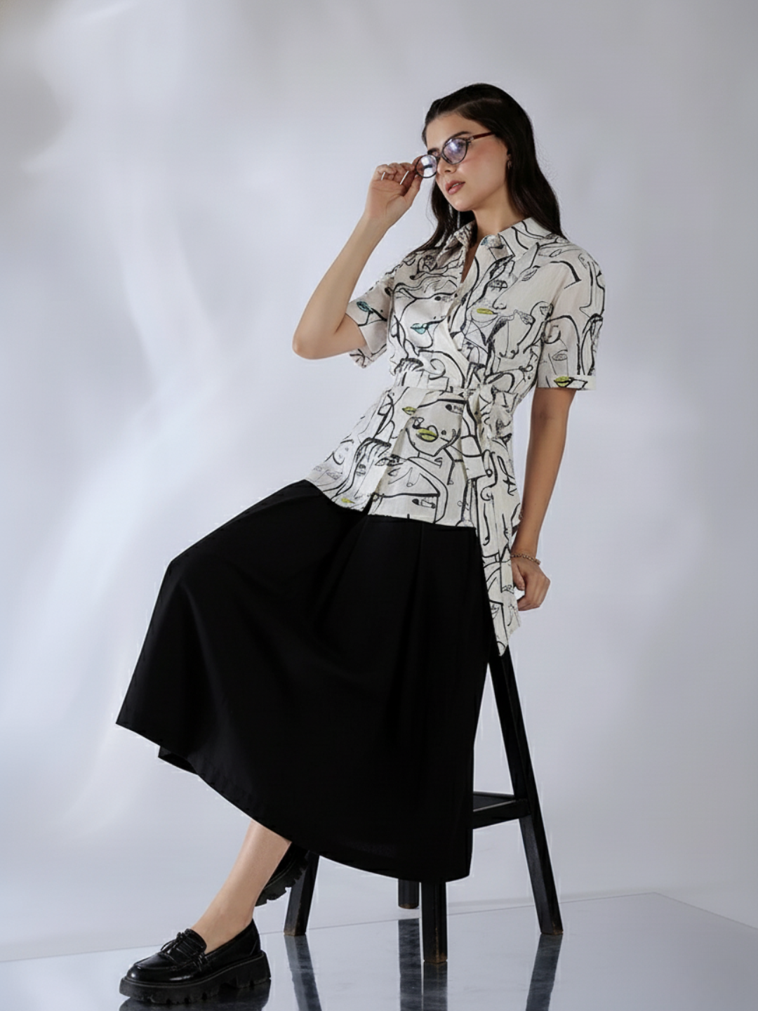 Pure Cotton Waist Tie-Up Shirt