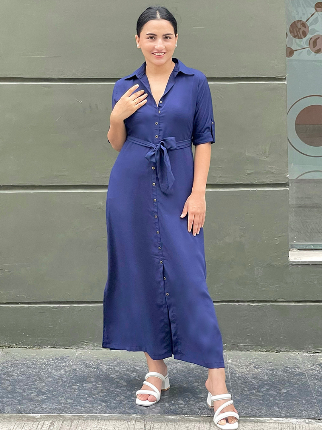 Collar Buttoned Down Shirt Maxi Dress - Uptownie