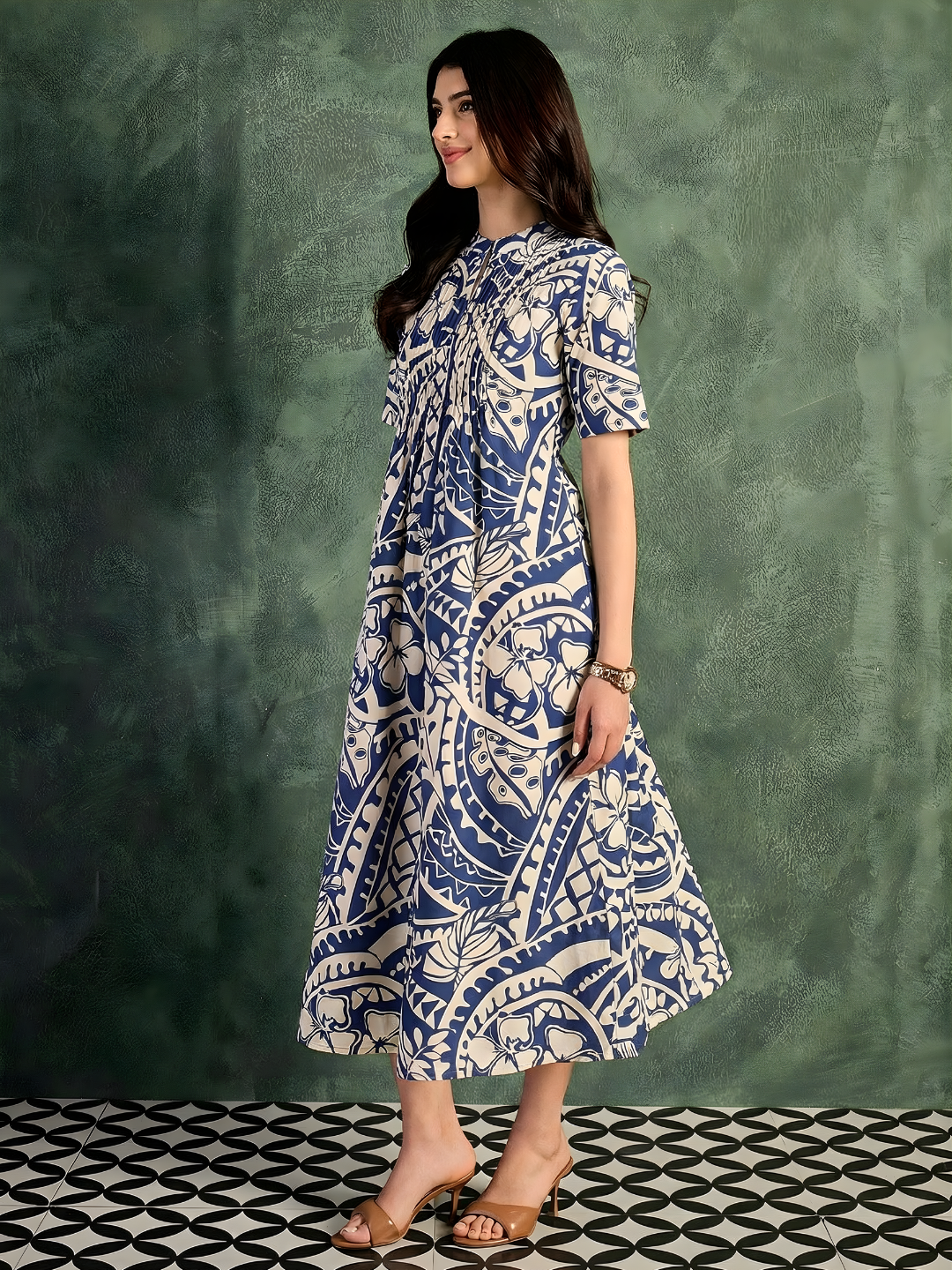 Pure Cotton Front Pleated A-Line Dress (with Lining)