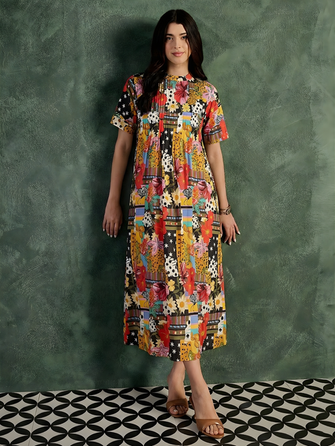 Pure Cotton Front Pleated A-Line Dress (with Lining)