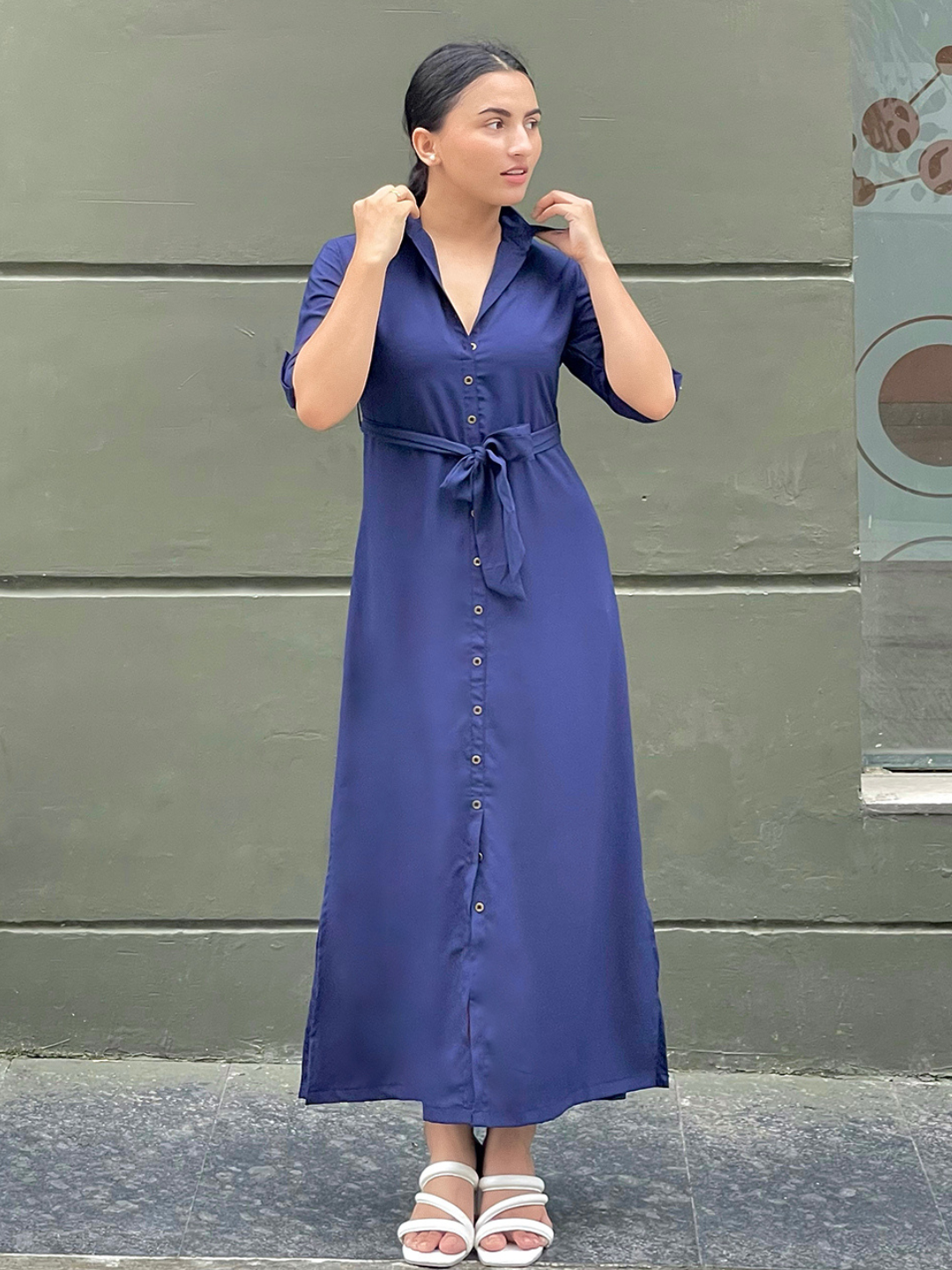 Collar Buttoned Down Shirt Maxi Dress - Uptownie