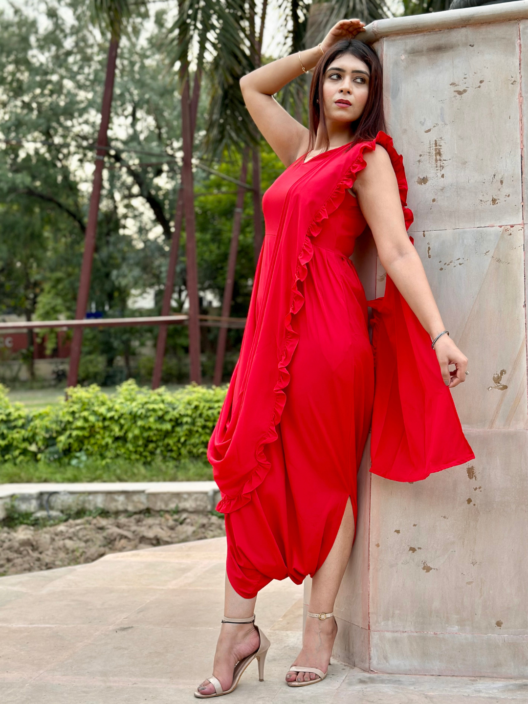 Plus Dhoti Jumpsuit with Attached Dupatta - Uptownie
