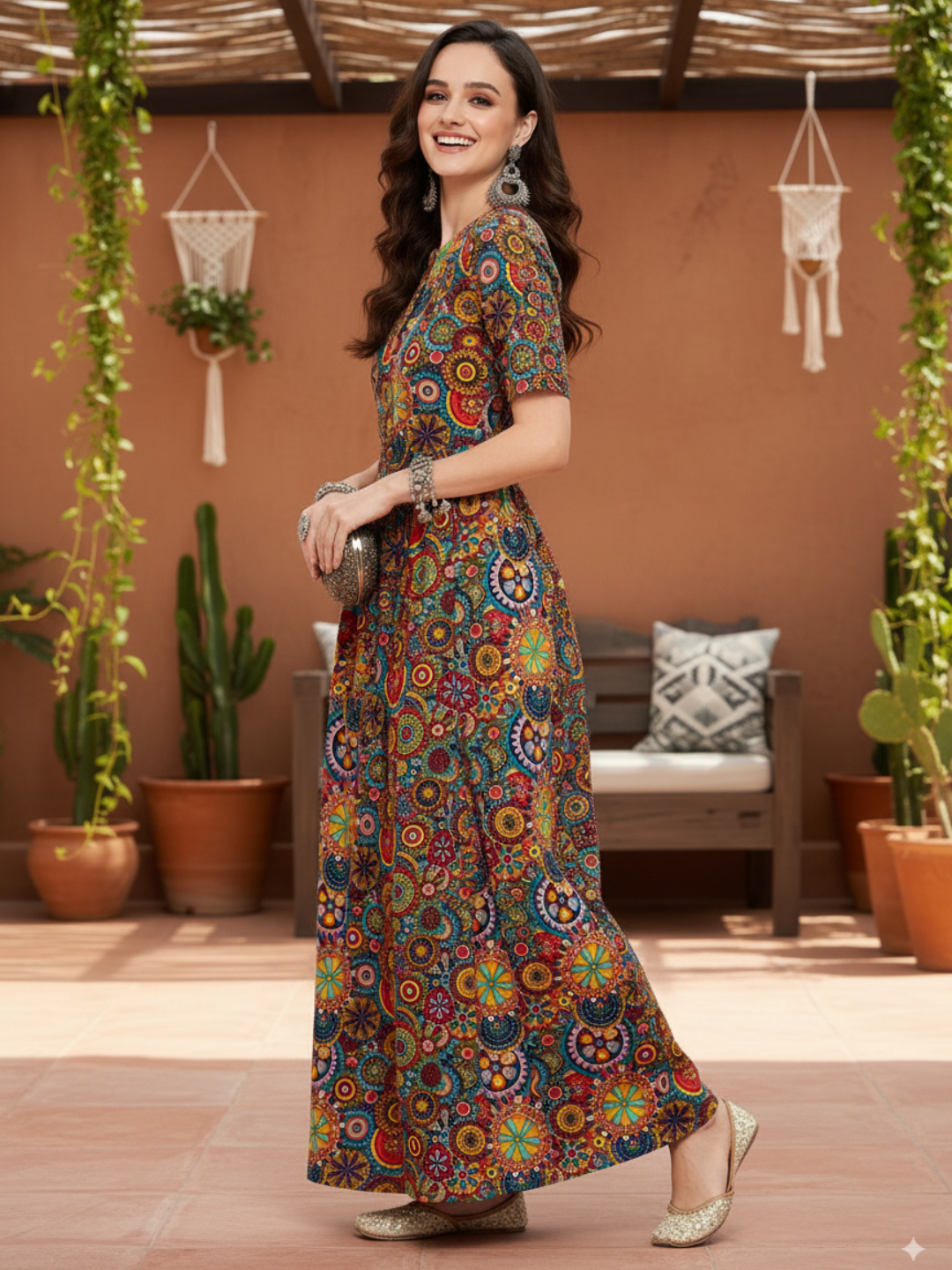 Printed Maxi Dress with Belt - Uptownie