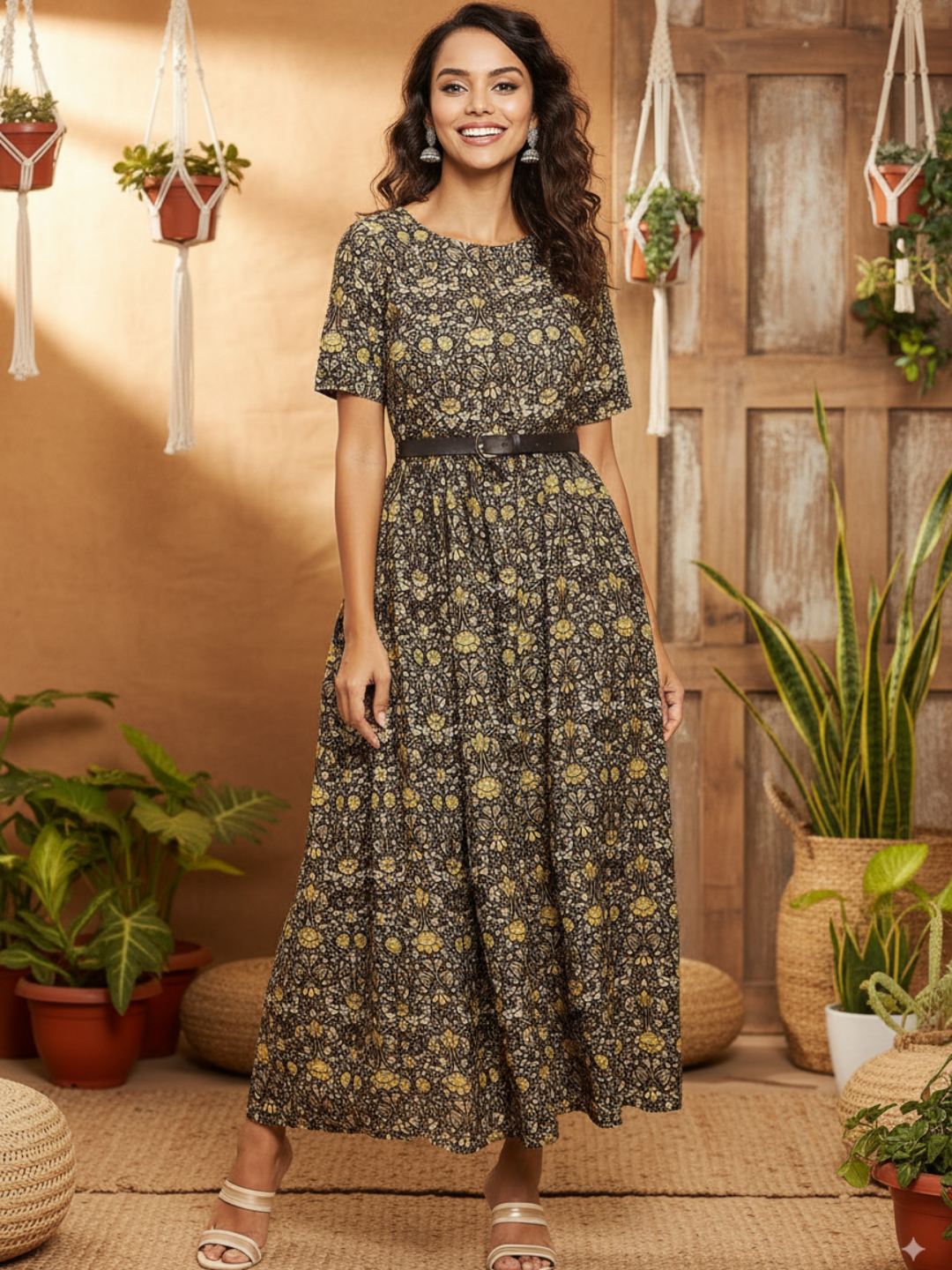Printed Maxi Dress with Belt - Uptownie