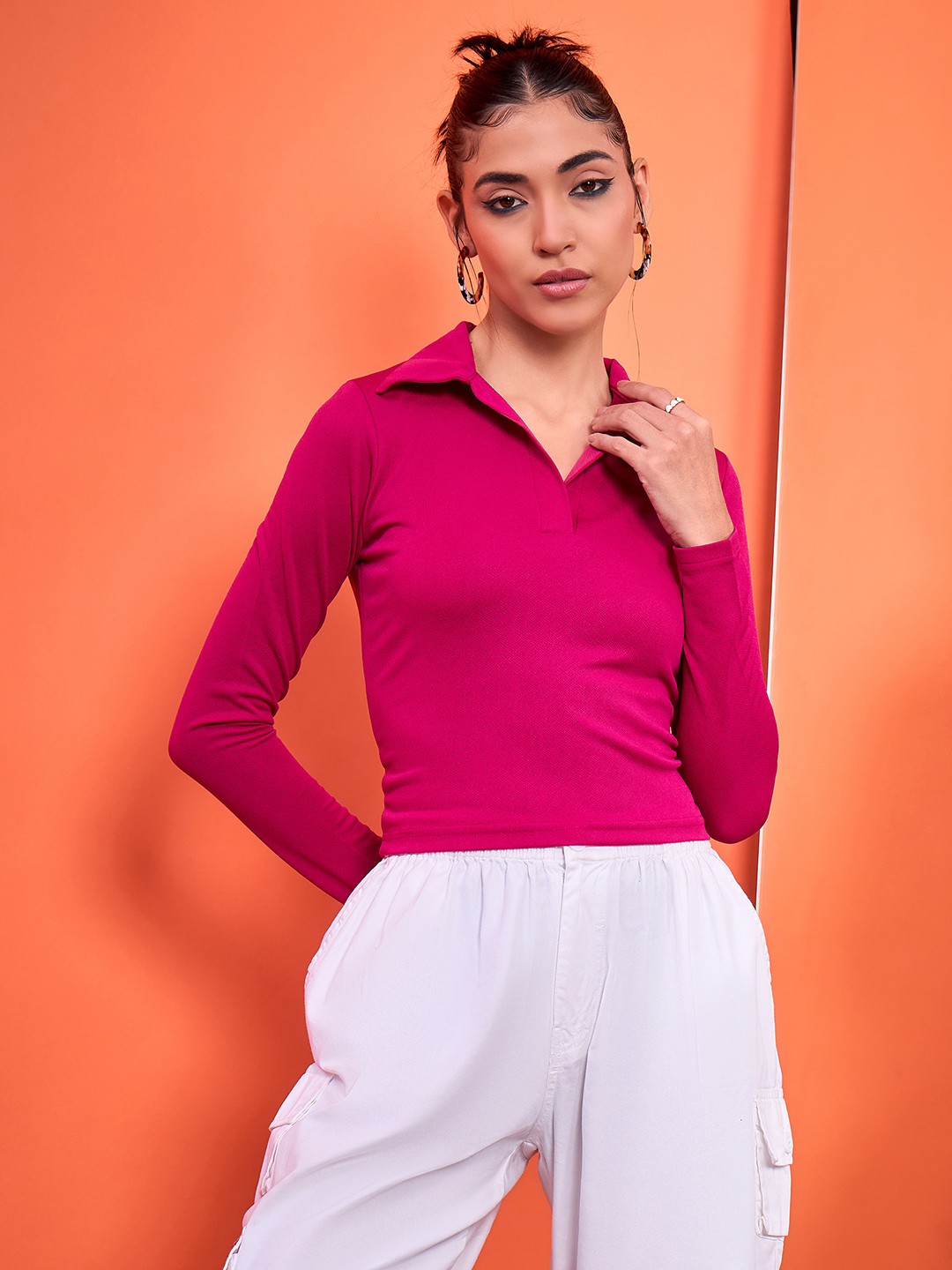 Stretchable Cotton Full Sleeve Collared Top - Uptownie