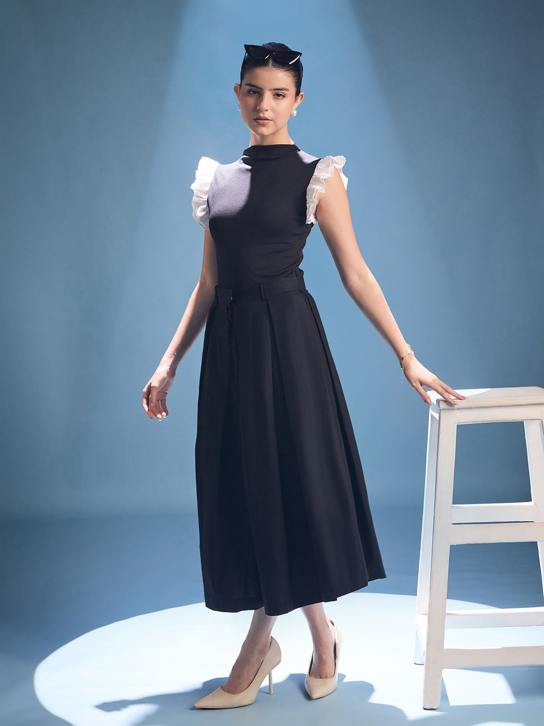 High Neck Top With Contrast Ruffle Sleeves - Uptownie