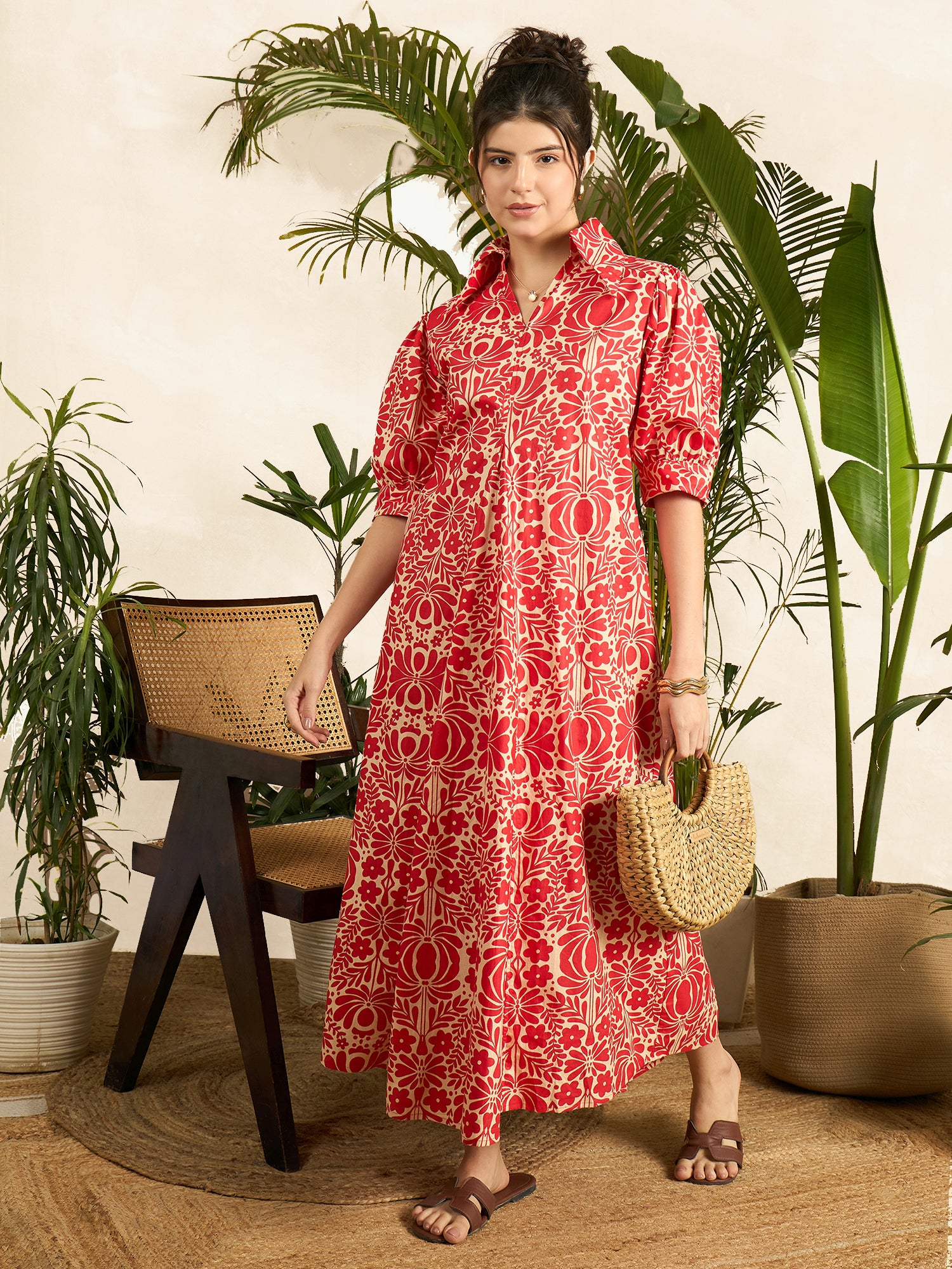 Front Pleated Cotton Midi Dress