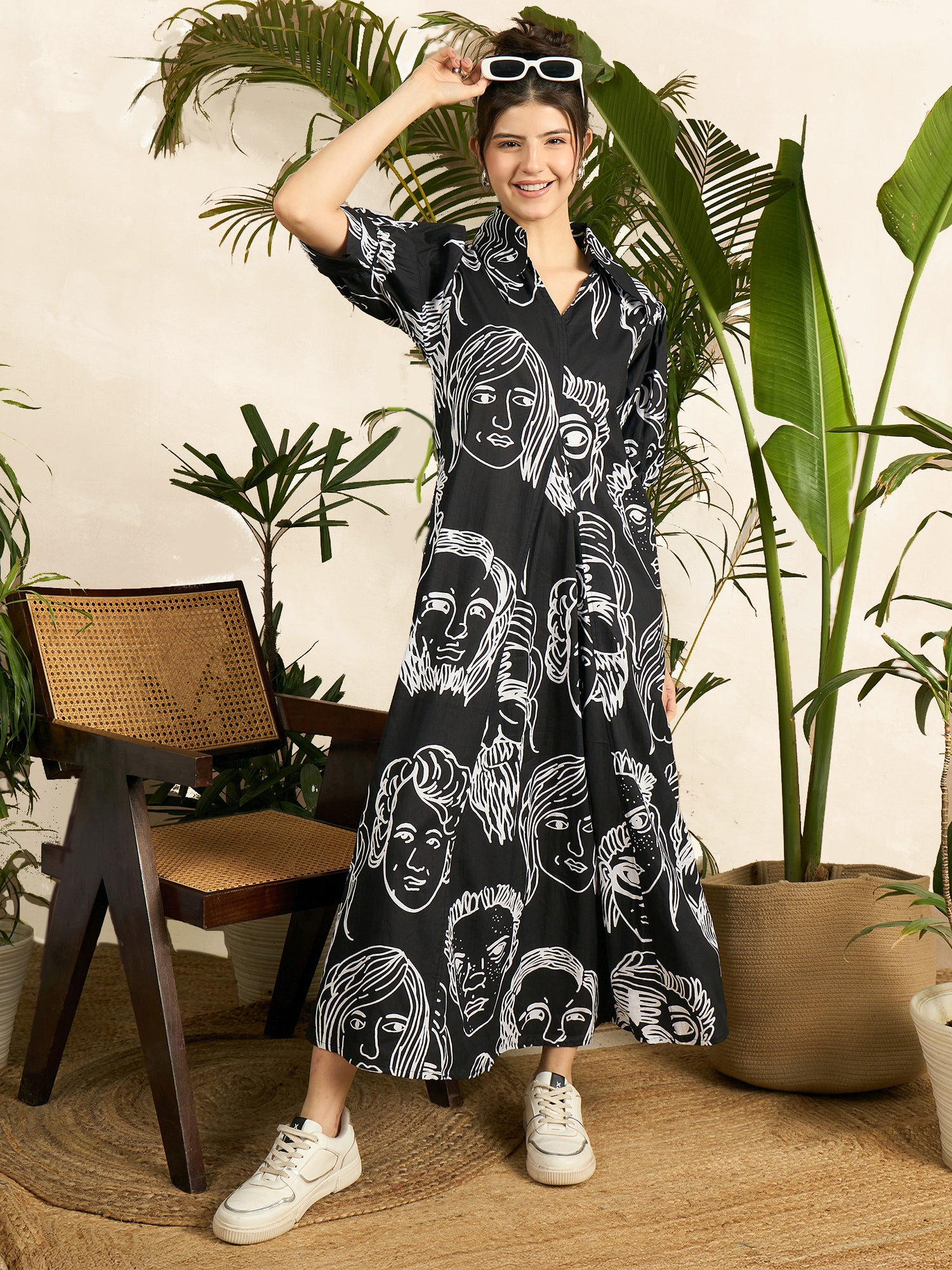 Front Pleated Cotton Midi Dress