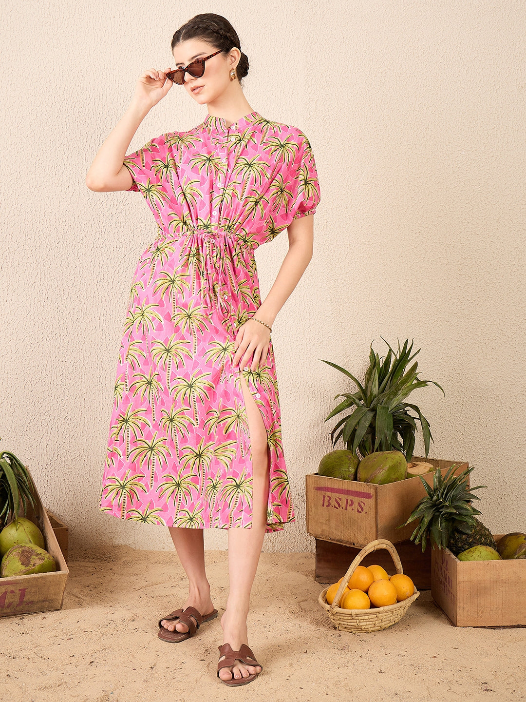 Cotton Side Waist Tie-Up Midi Dress - Uptownie