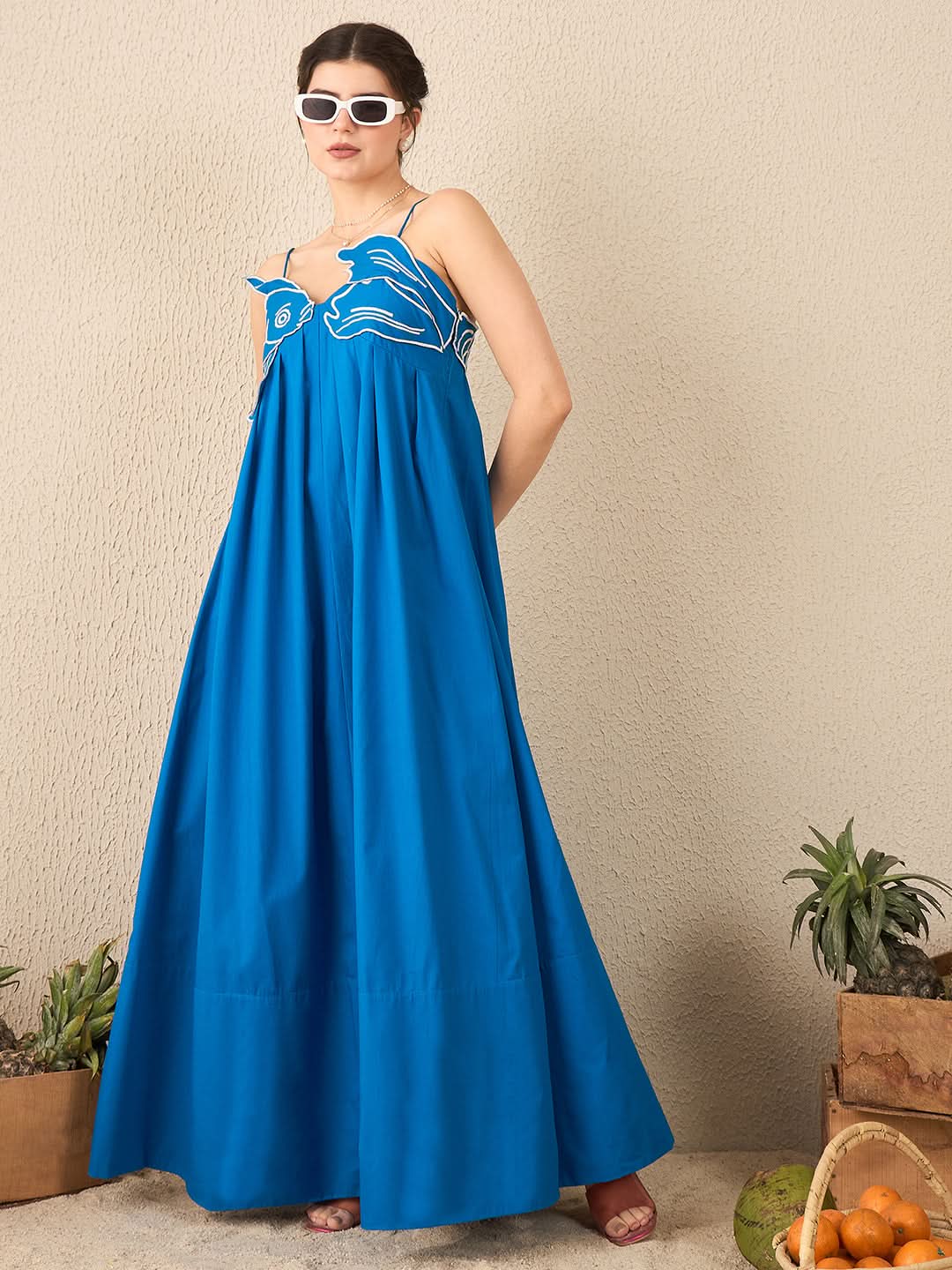 Fish Applique Cotton Maxi Dress - Uptownie