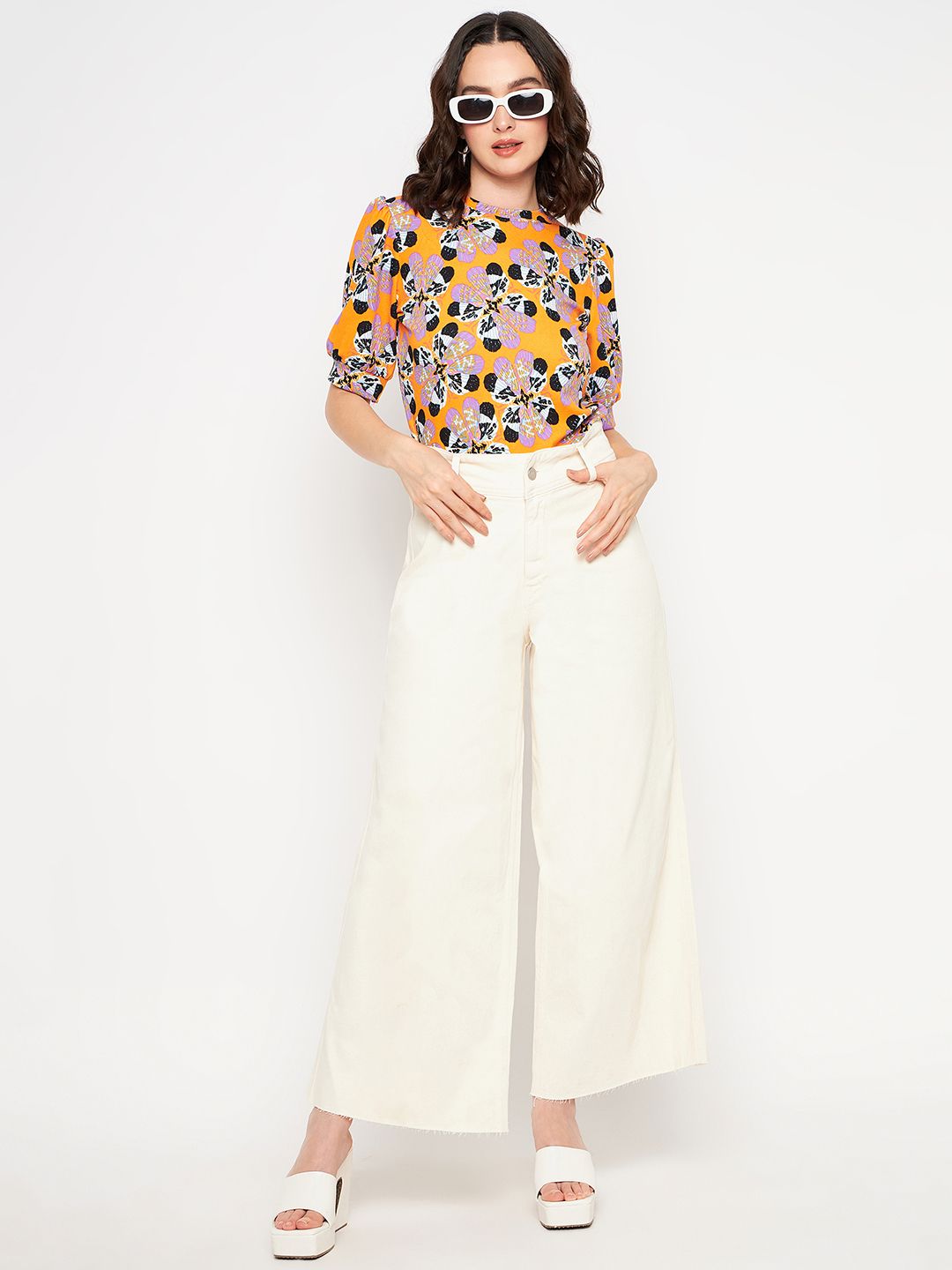 Ekastories The Allure Cotton Printed Top And Pant Set, Ivory, Flower,  Cotton, Halter Neck, Puffed Sleeves