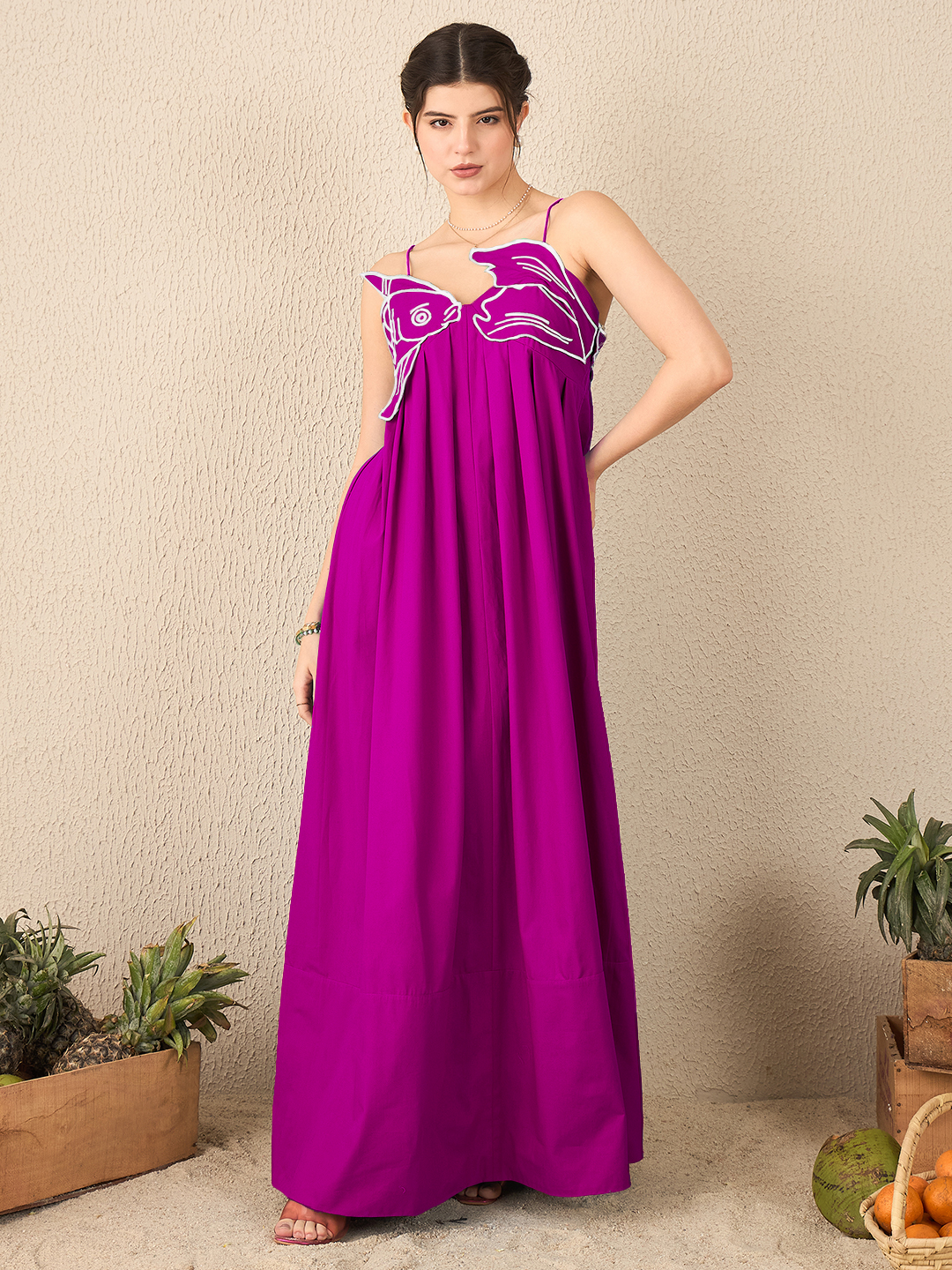 Fish Applique Cotton Maxi Dress