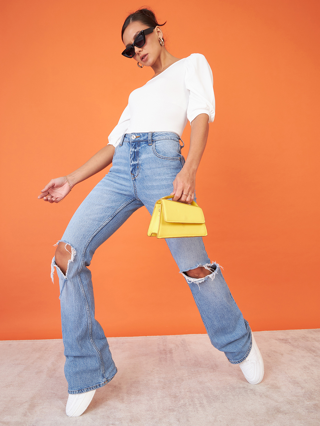 Cotton Solid Stretchable Round Neck Puff Sleeve Top - Uptownie