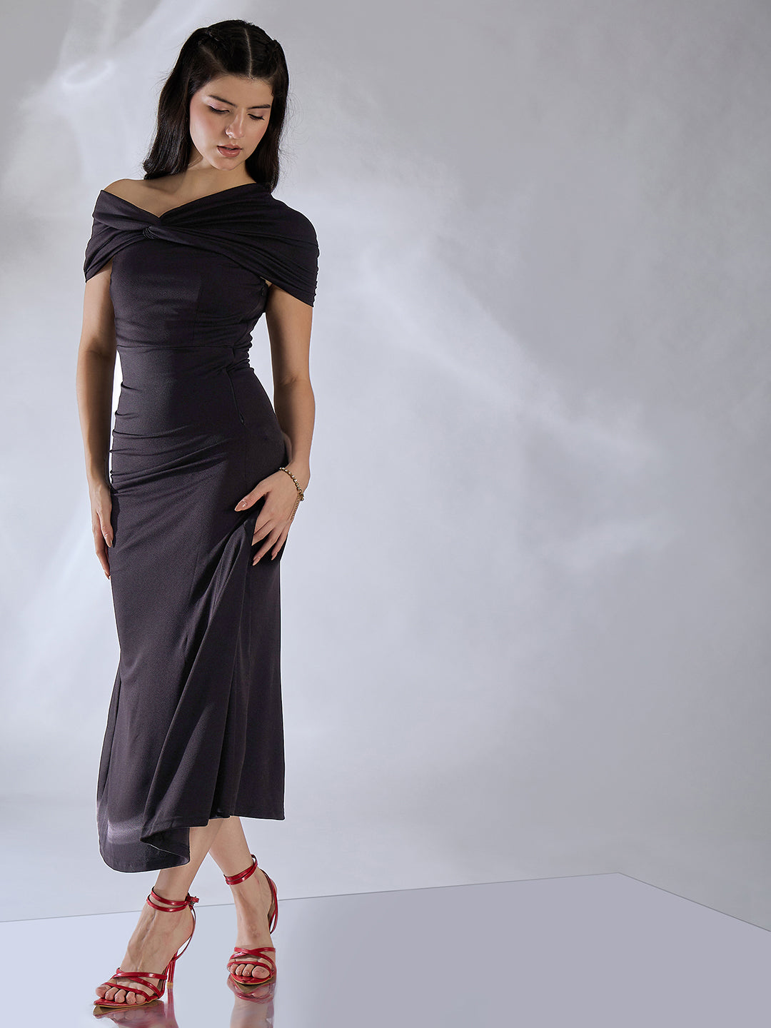 Off Shoulder Fit & Flare Midi Dress - Uptownie
