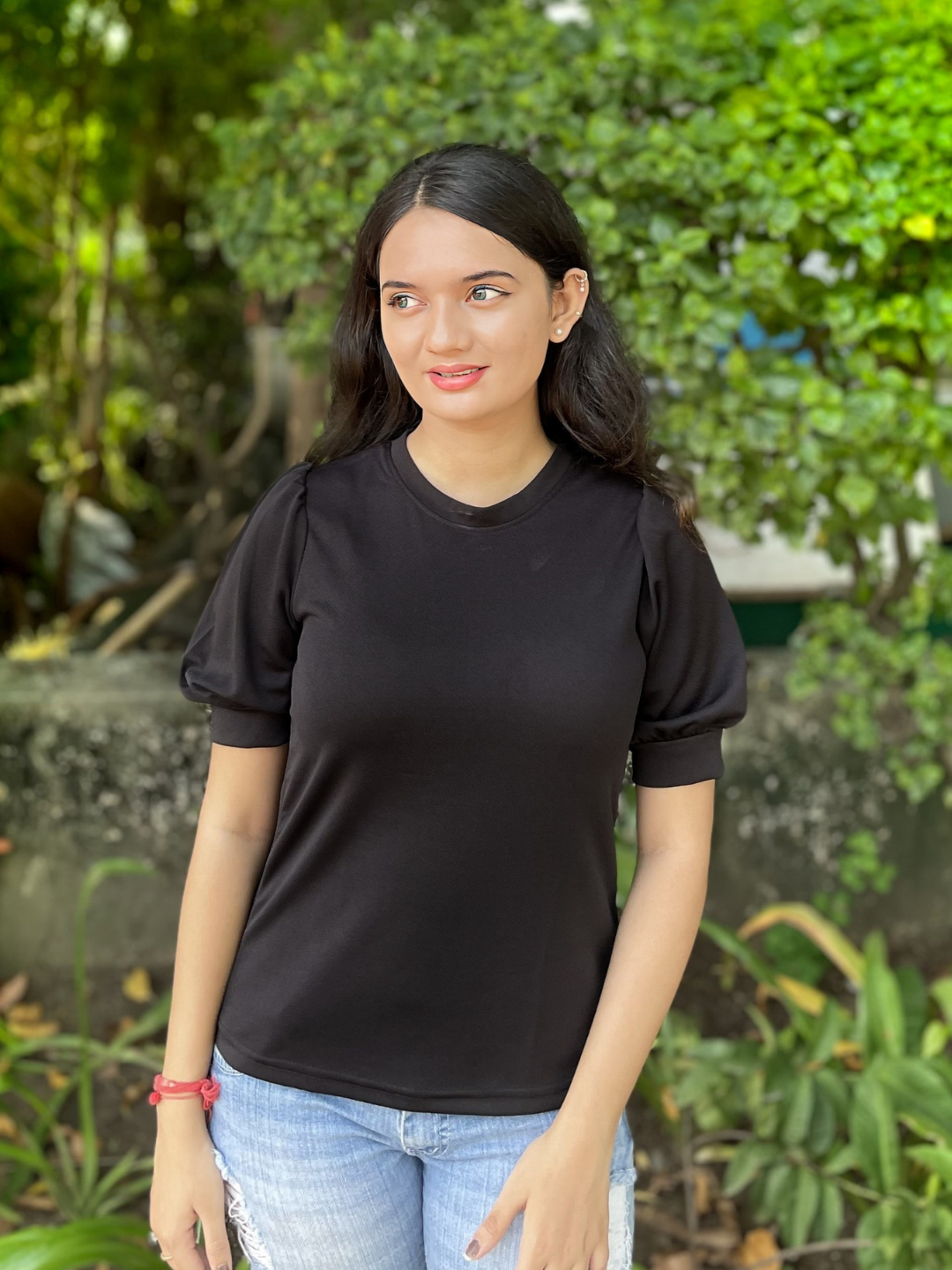 Cotton Solid Stretchable High Neck Puff Sleeve Top - Uptownie