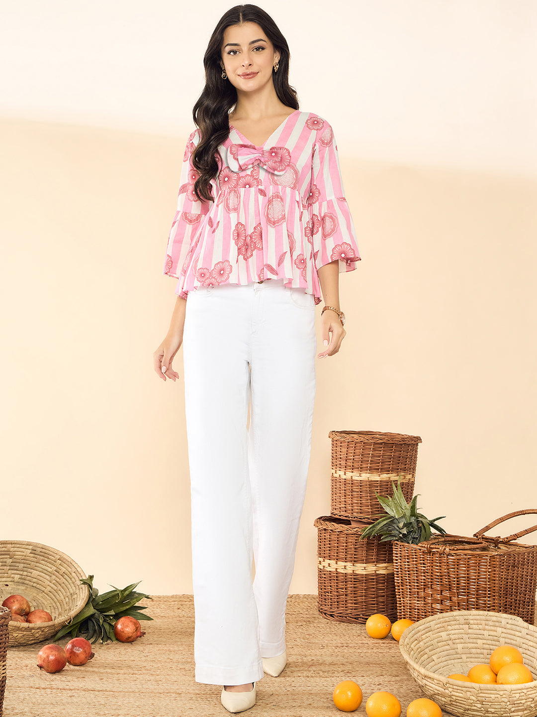 Bell Sleeve Cotton Peplum Top