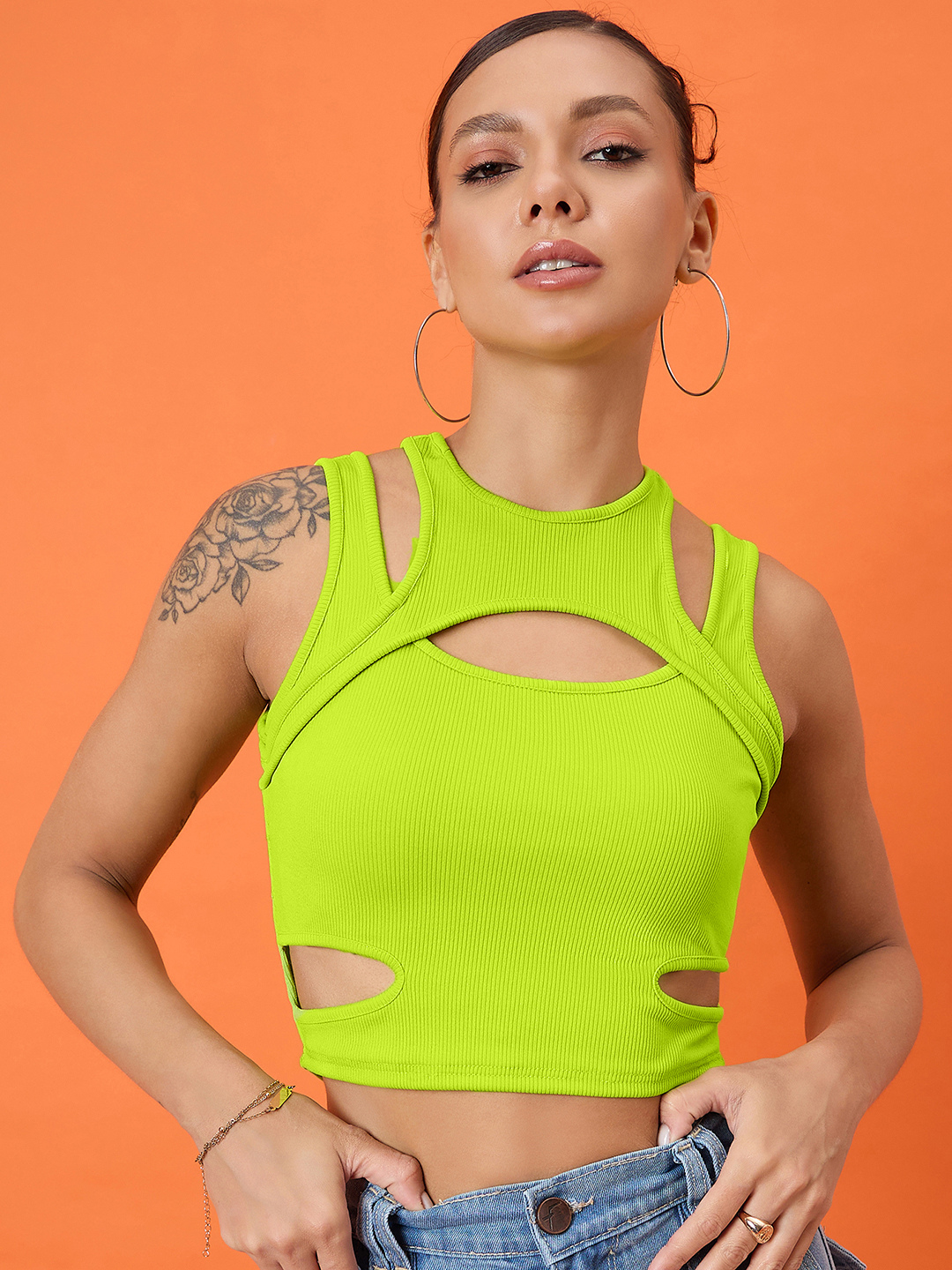 Sleeveless Stretchable Ribbed Top with Front Cut Outs - Uptownie