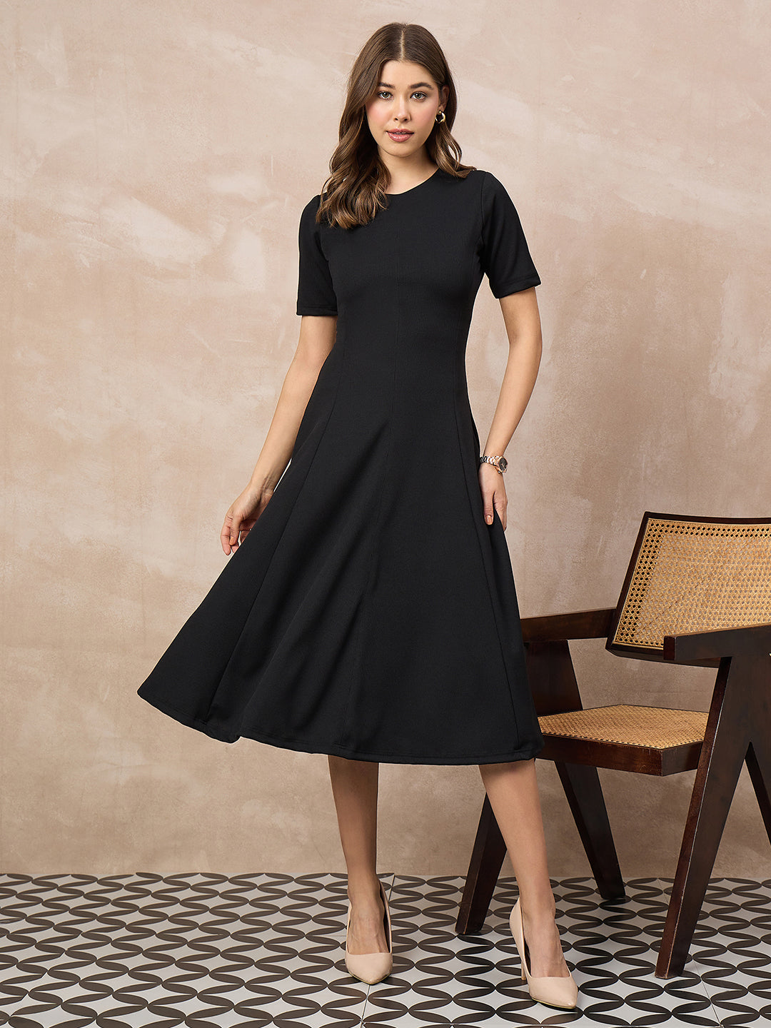 Stretchable Flared-Skirt Ribbed Dress