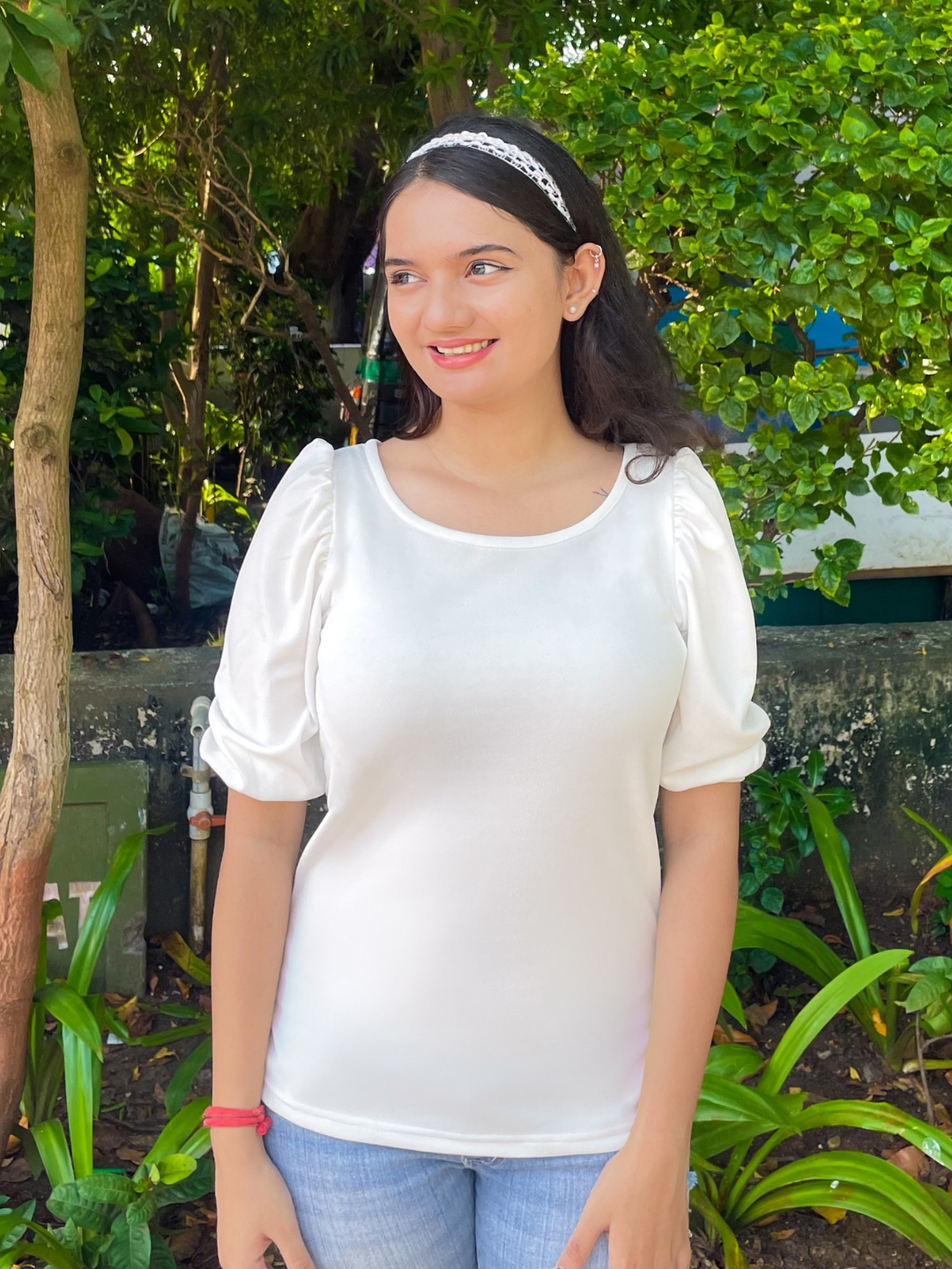Cotton Solid Stretchable Round Neck Puff Sleeve Top - Uptownie