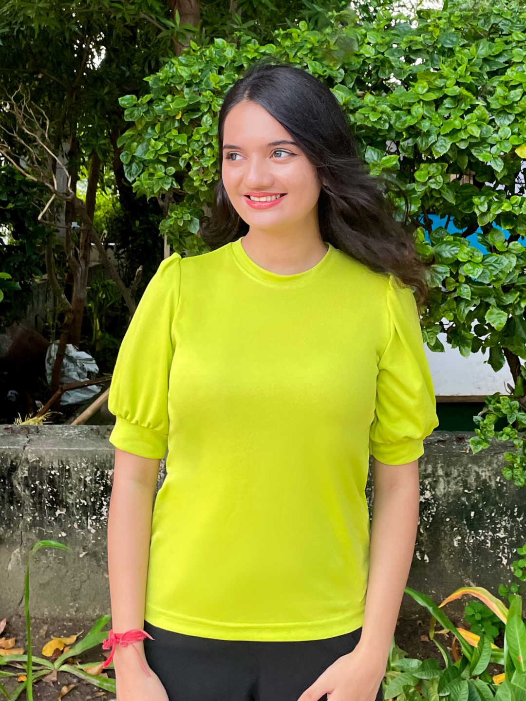 Cotton Solid Stretchable High Neck Puff Sleeve Top - Uptownie