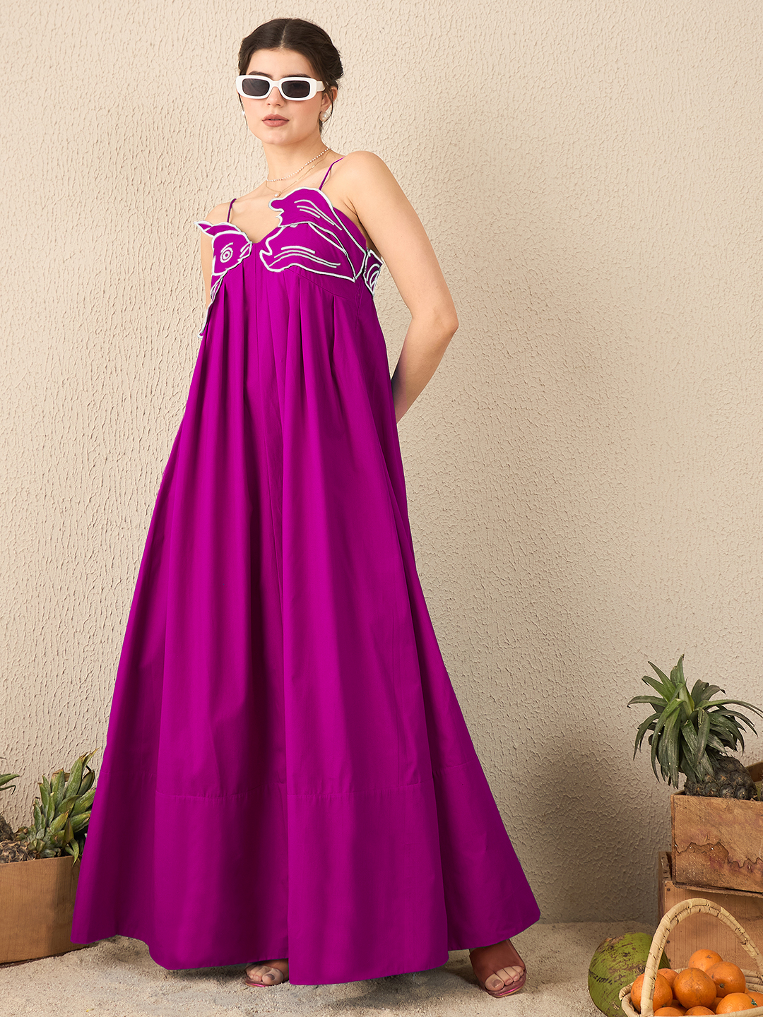 Fish Applique Cotton Maxi Dress