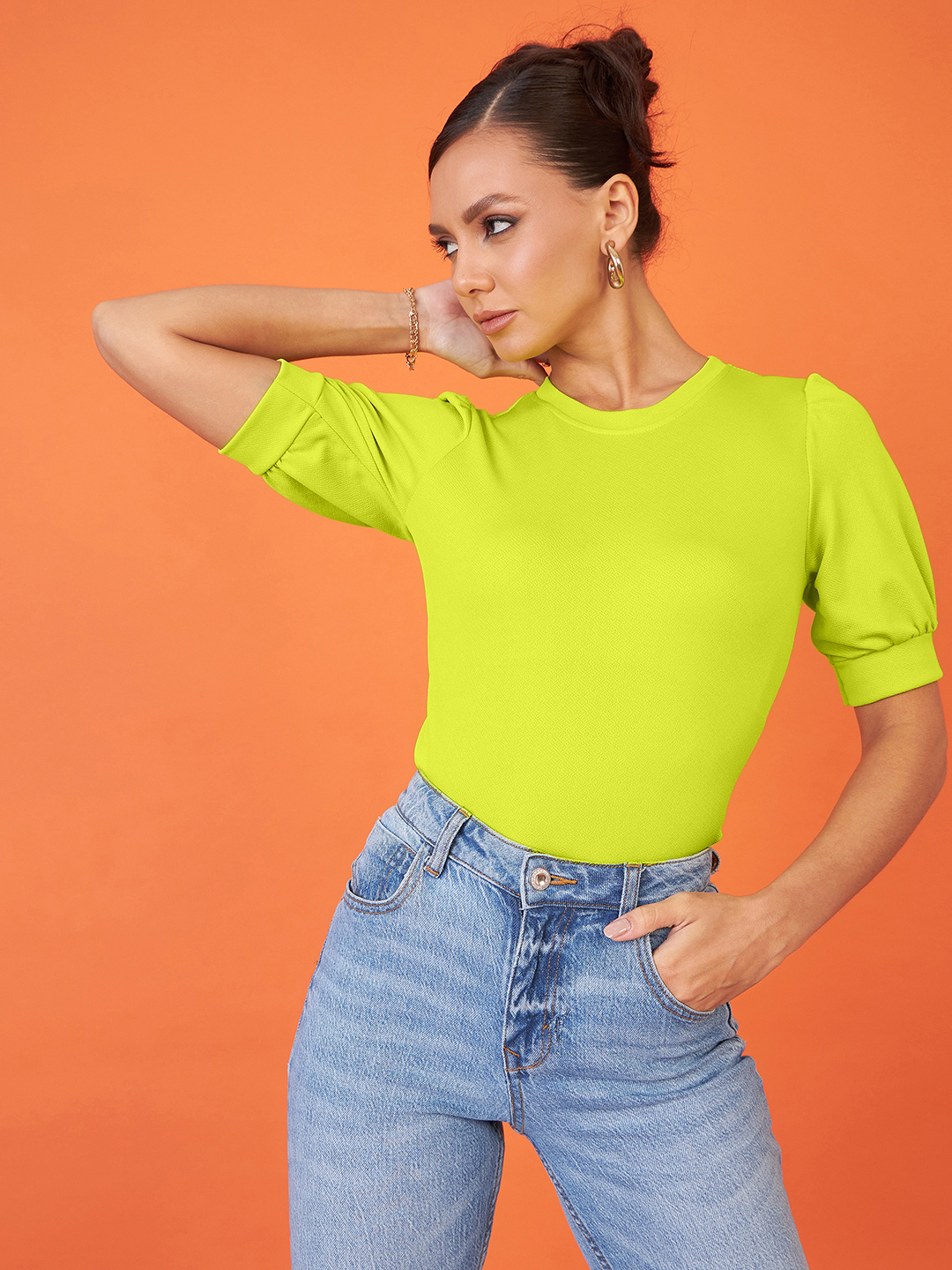 Cotton Solid Stretchable High Neck Puff Sleeve Top - Uptownie