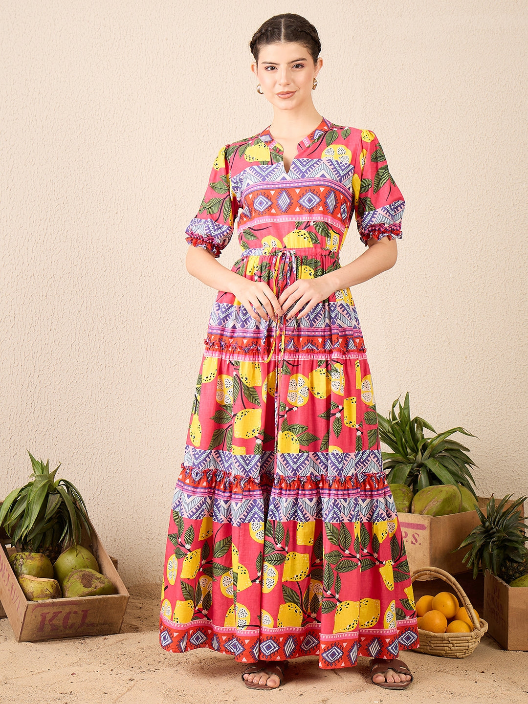 Puffed Sleeve Tiered Cotton Maxi Dress - Uptownie