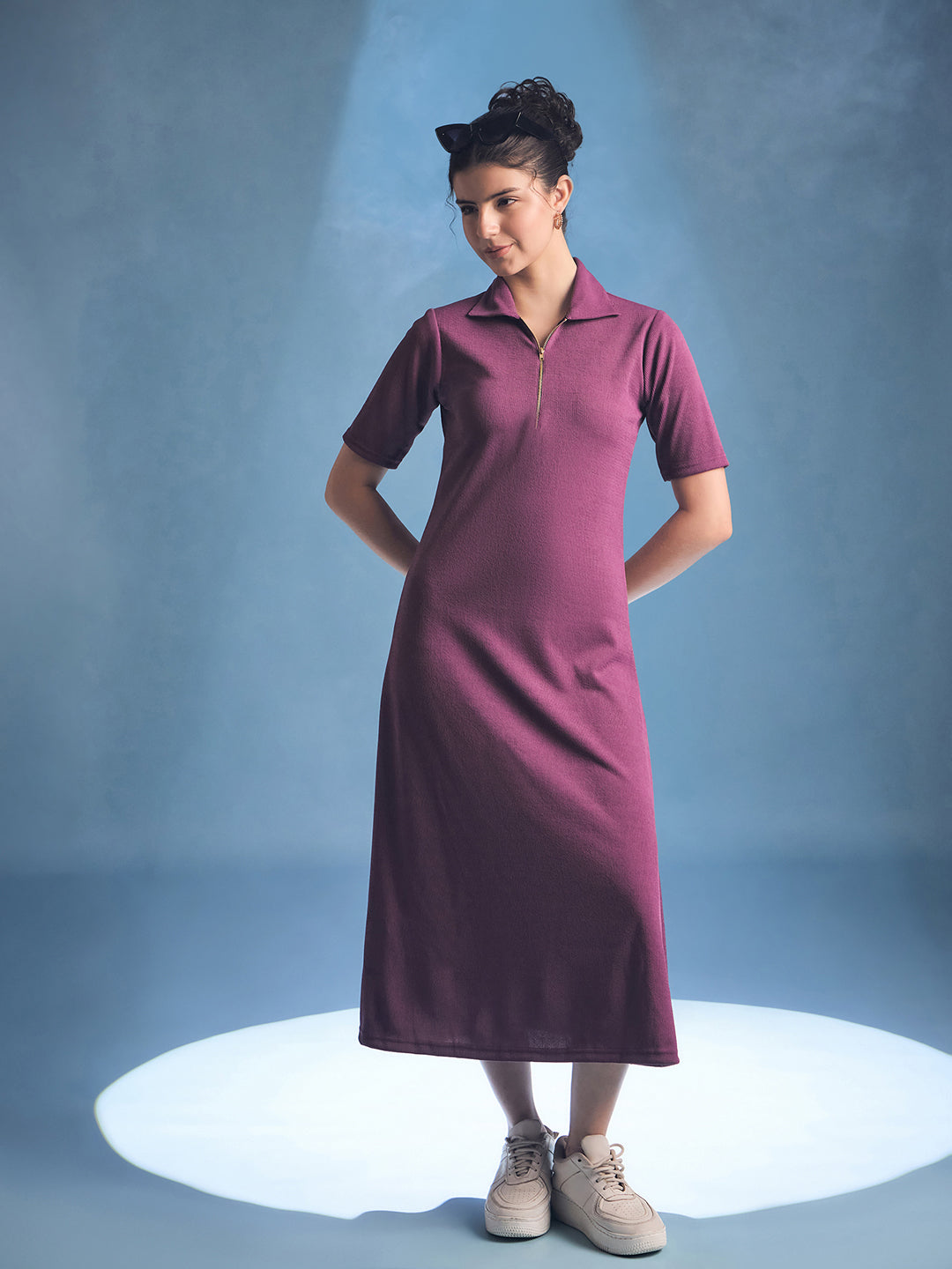 Stretchable Front Zip-up Midi Dress