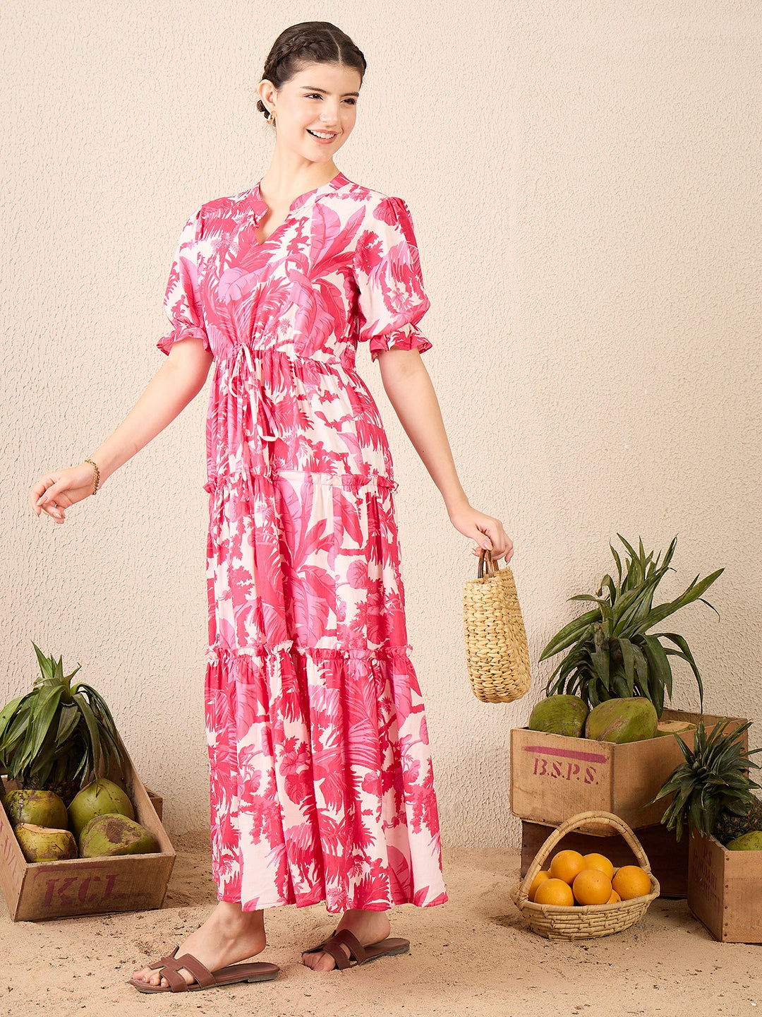 Puffed Sleeve Tiered Cotton Maxi Dress - Uptownie